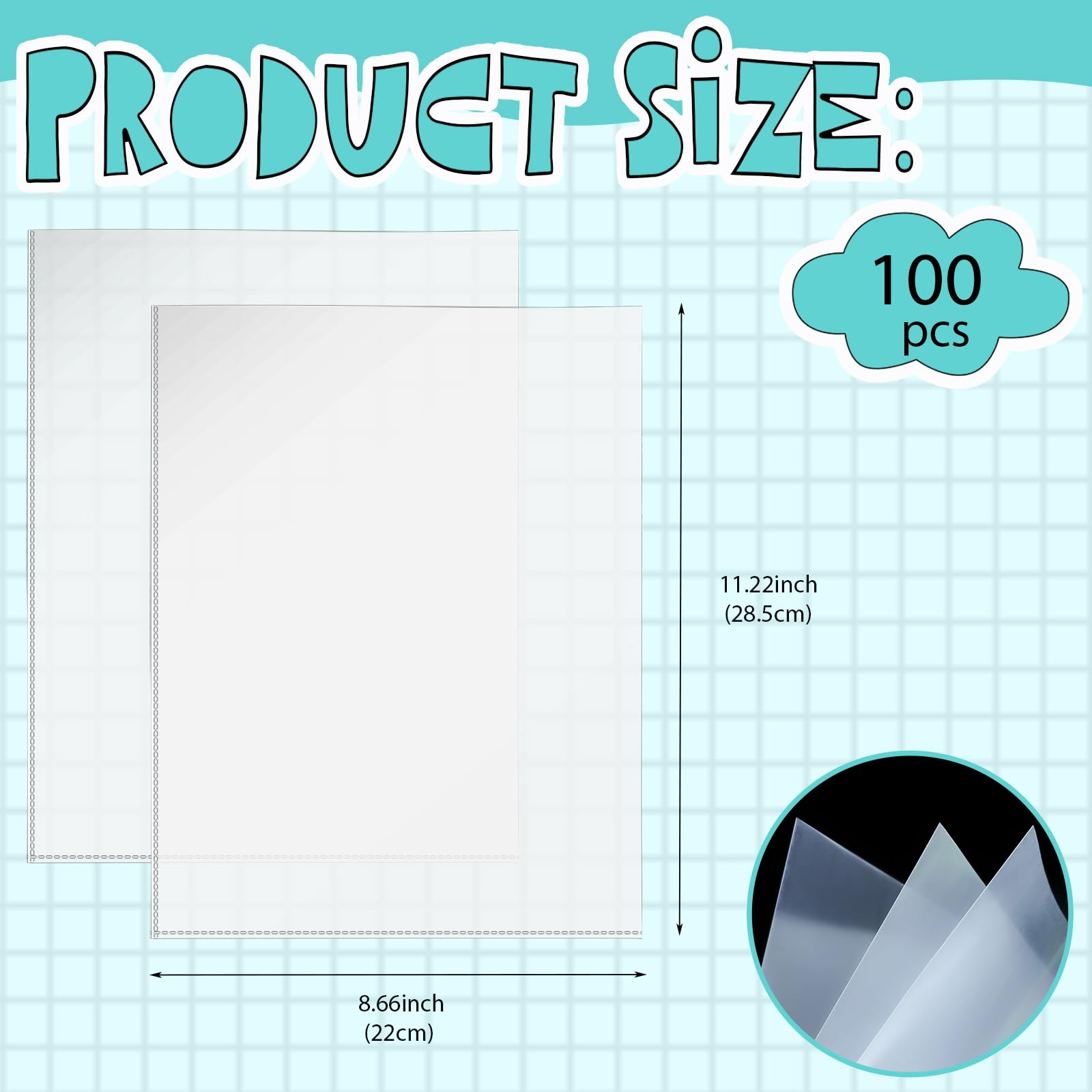 VOKOY Paquete de 100 protectores de hojas sin agujeros, 8.5 x 11 pulgadas, tamaño carta, protectores transparentes resistentes sin agujeros, protectores de papel transparente para obras de arte