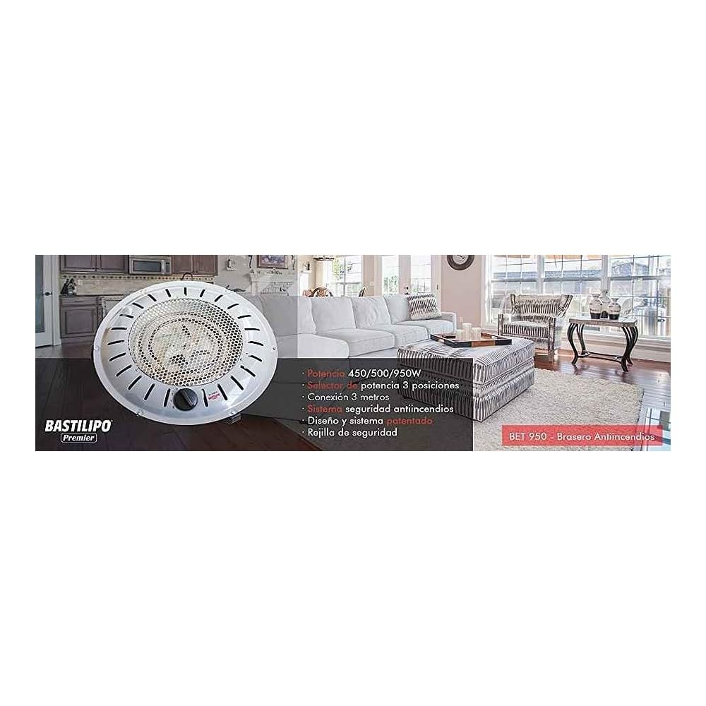 Bastilipo, BET-950, brasero de seguridad anti Incendios, 3 niveles de calor, 450/500/950W, bajo consumo, sistema patentado, 950 W, Otro, 3 Velocidades, Gris