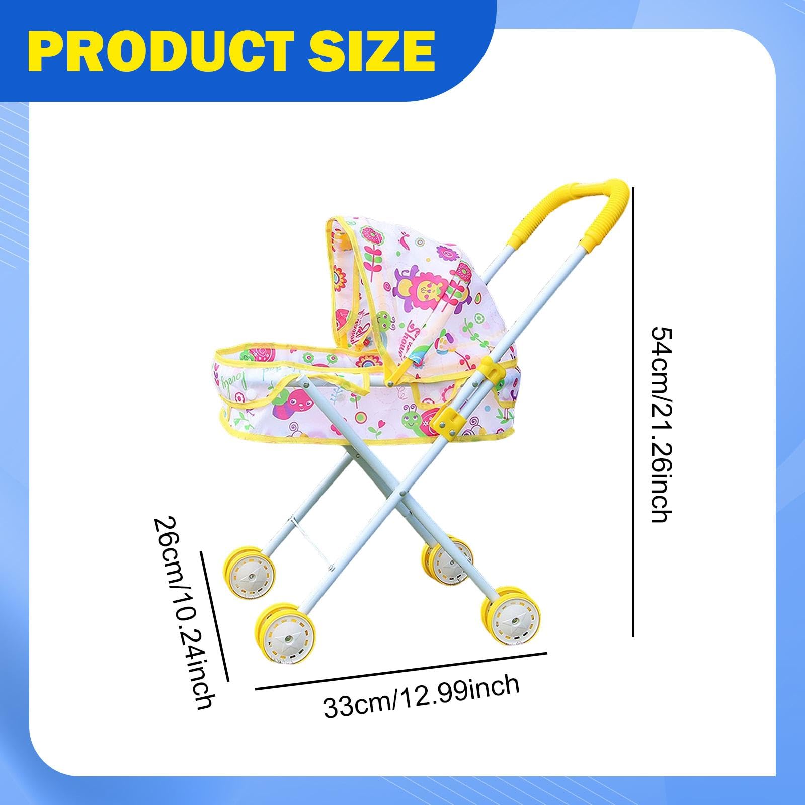 Puppenwagen Faltbarer Kinderwagen Puppenbuggy Rollenspiel Spielzeug Aus Eisen Und Pp mit Stabiler Unterstützung für Geschenk Lernspiel Dekoration Kind, Gelb