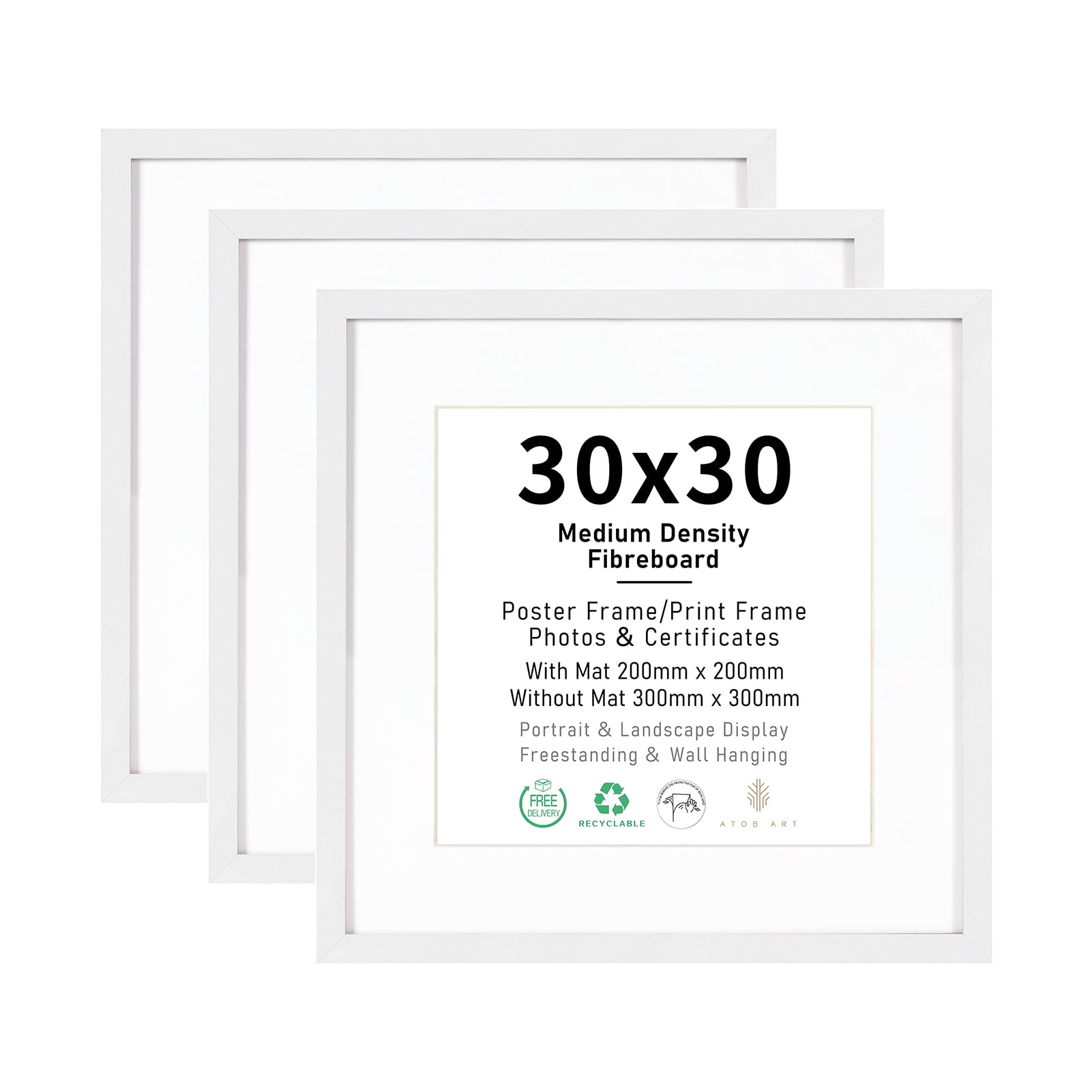 30x30 Picture Frame Set of 3, Display 20x20cm or 30x30cm Images, White Natural Wood Photo Frames for Wall Mounting Display