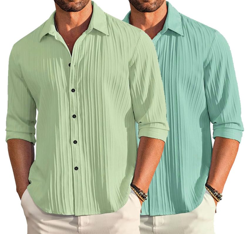 Image of DEELMO Combo of Men's Casual Button Down Shirts Long Sleeve Linen Shirt Fashion Textured Summer Shirts Pack of 2
