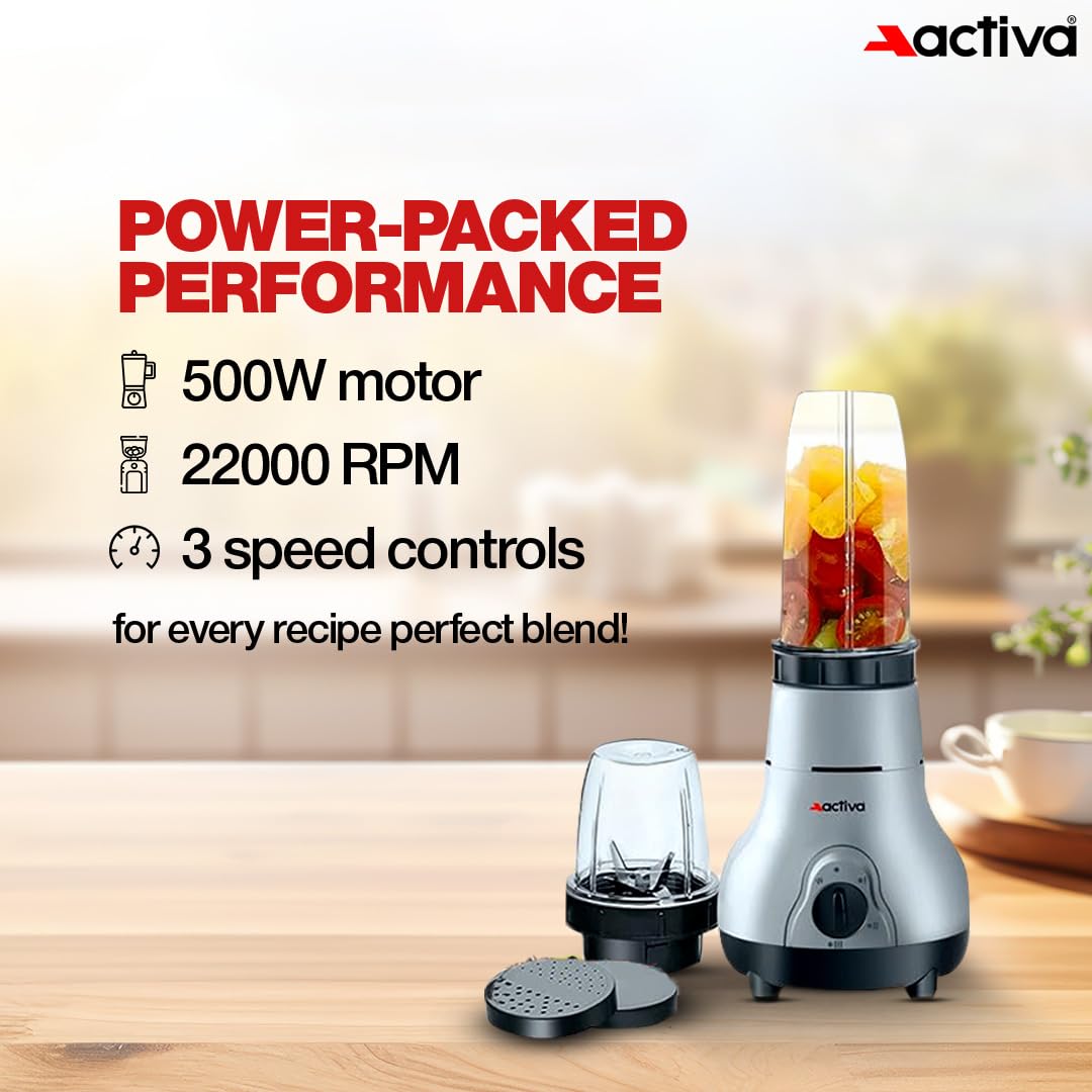 ACTIVA Easy Mix Nutri 2 Jar Mixer Grinder Powerful 500 Watt Motor | Long Lasting Shock Proof Abs Body | Heavy Duty Motor With Nano - Grinding Technology, Black come with 2 year warranty 2