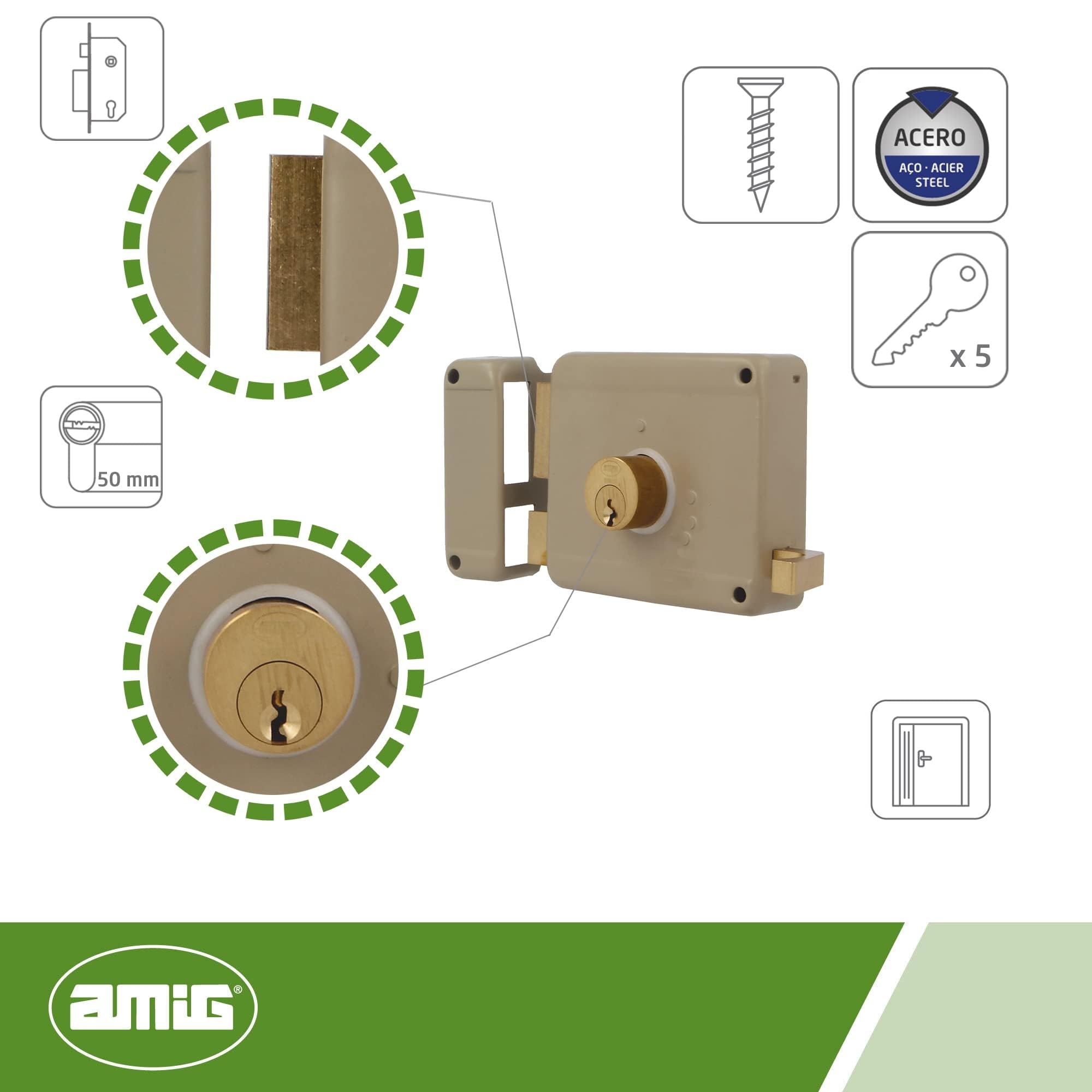 Amig - Serratura a Soprapponere Destra con leva di Chiusura, Linguetta e Maniglia per Porte in Legno Mod. 78 | 120 x 85 mm | Chiavistello con Cilindro Rotondo a Dente di Sega | Acciaio Beige
