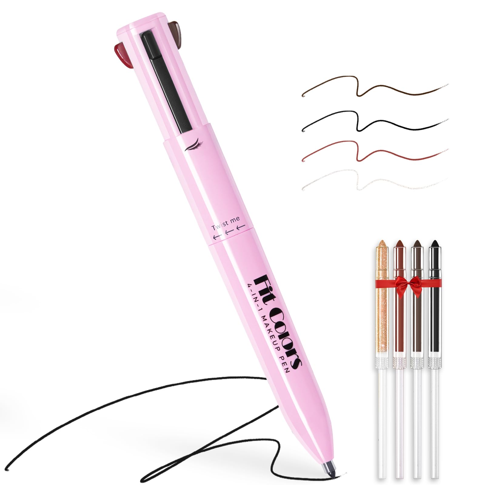 HOSAILY 4 in 1 Makeup Pen, 4 Colors Eyeliner Eyebrow Lip Liner Highlighter All in One Beauty Pen, Waterproof Long-Lasting Multifunctional Travel