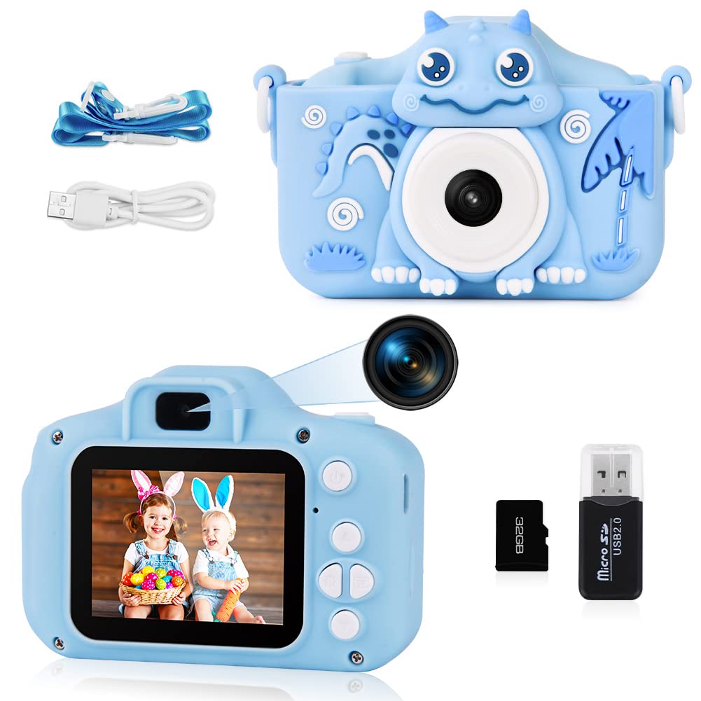 OSDUE Aparat dla dzieci,2.0-calowy wyświetlacz Aparat cyfrowy dla dzieci,1080P HD Wbudowana karta SD 32 GB Selfie Cyfrowy aparat fotograficzny,prezent urodzinowy na lata Zabawka dla dzieci (niebieska)