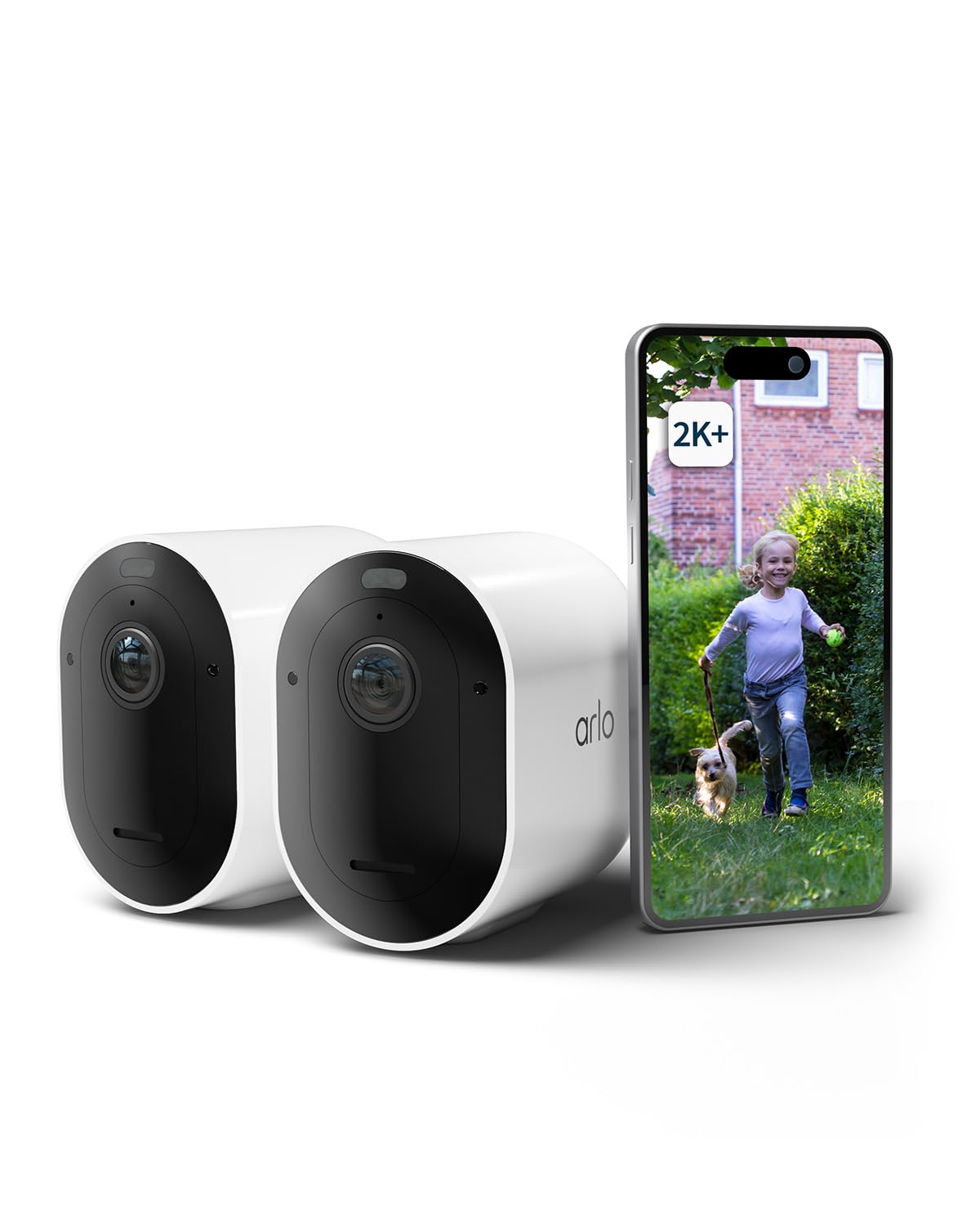 Arlo Pro 5 Telecamera WiFi Esterno Senza Fili, Telecamera WiFi Interno, 2K HDR, Sirena Allarme Casa, Sensore Di Movimento, Visione Notturna Colori, Prova Inclusa Secure, 2 Telecamere, Bianche