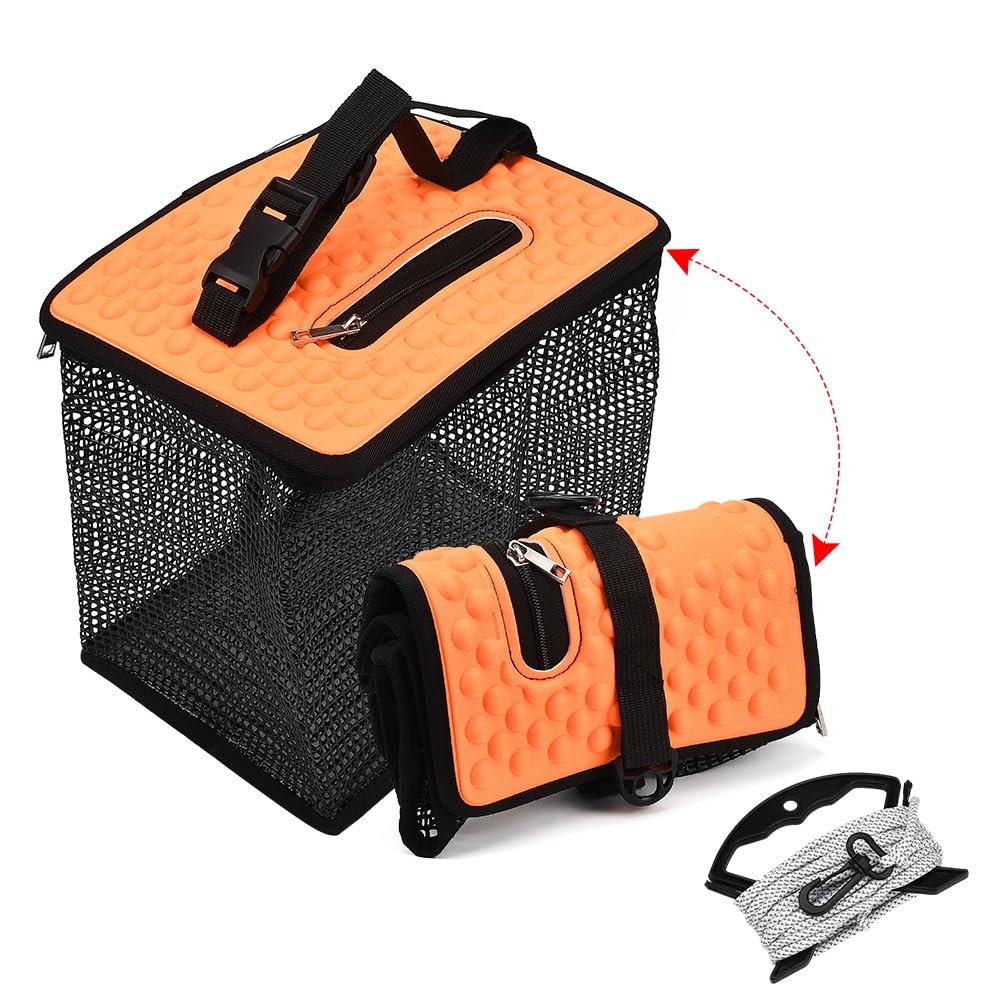 XhuangTech Floating Fish Basket with 5M Hook Rope, Foldable Fishing Holder Storage Cage Fish Protector, Portable Fishing Bait Net Basket for Small Fishes Shrimps Crabs (28.45 x 22.10 x 24.89 cm)