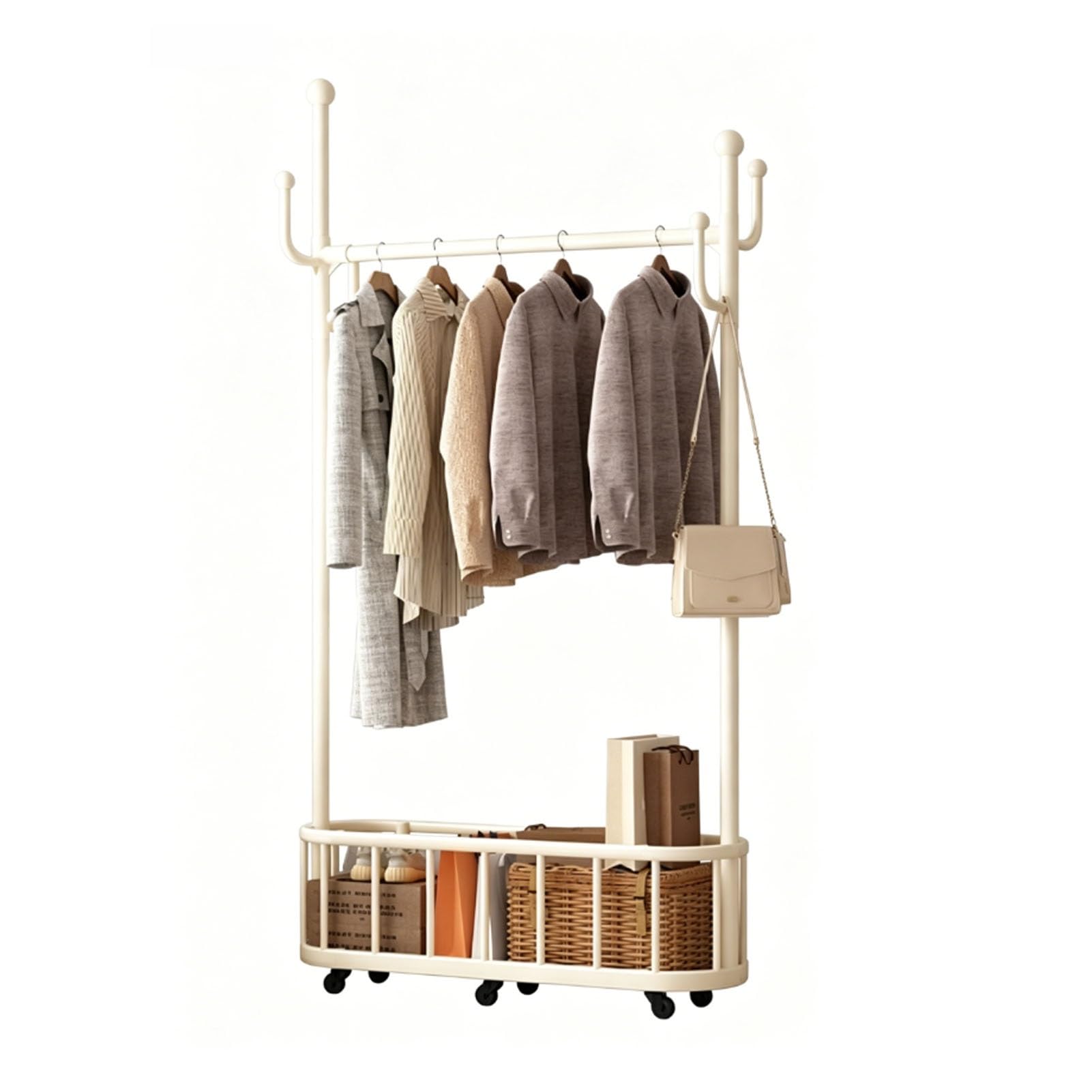 YAOHY Clothes Rack With Wheels, Portable Garment Rack with Storage Basket, Rolling Clothes Rack For Garment Rack for Bedroom, Laundry Room(White,39.3in/100cm)