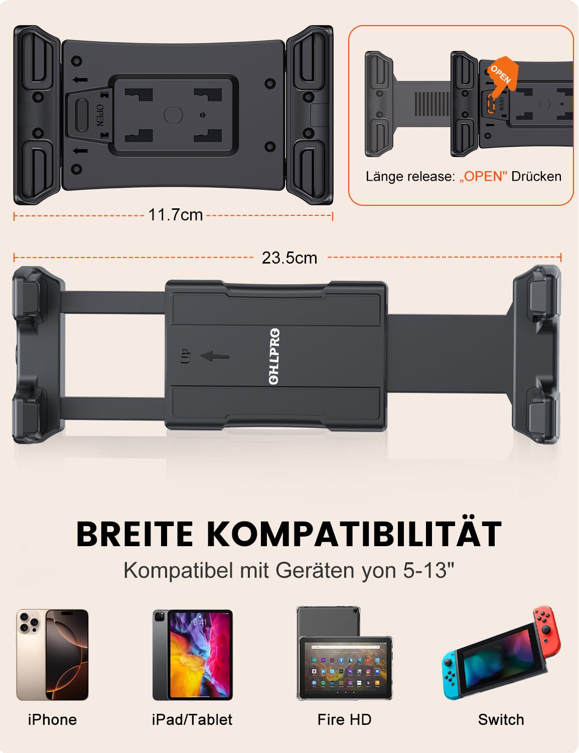 OHLPRO Tablet Halterung Auto Kopfstütze, Ausziehbar Tablet Kopfstützenhalter Mitte KFZ iPad Halter Rücksitz Kompatibel mit 5-13 Zoll iPad Pro Mini Air Galaxy Tab S9 Kindle Switch