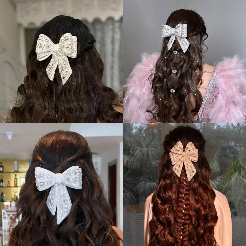 Hair Drama Co. Pearl Hair Bow With Barrette Clip | Embellished Crystal Hair Bow - Off White | Long Tail Hair Ribbon Slides With Metal Barrette Clips | Handmade French Hair Accessories