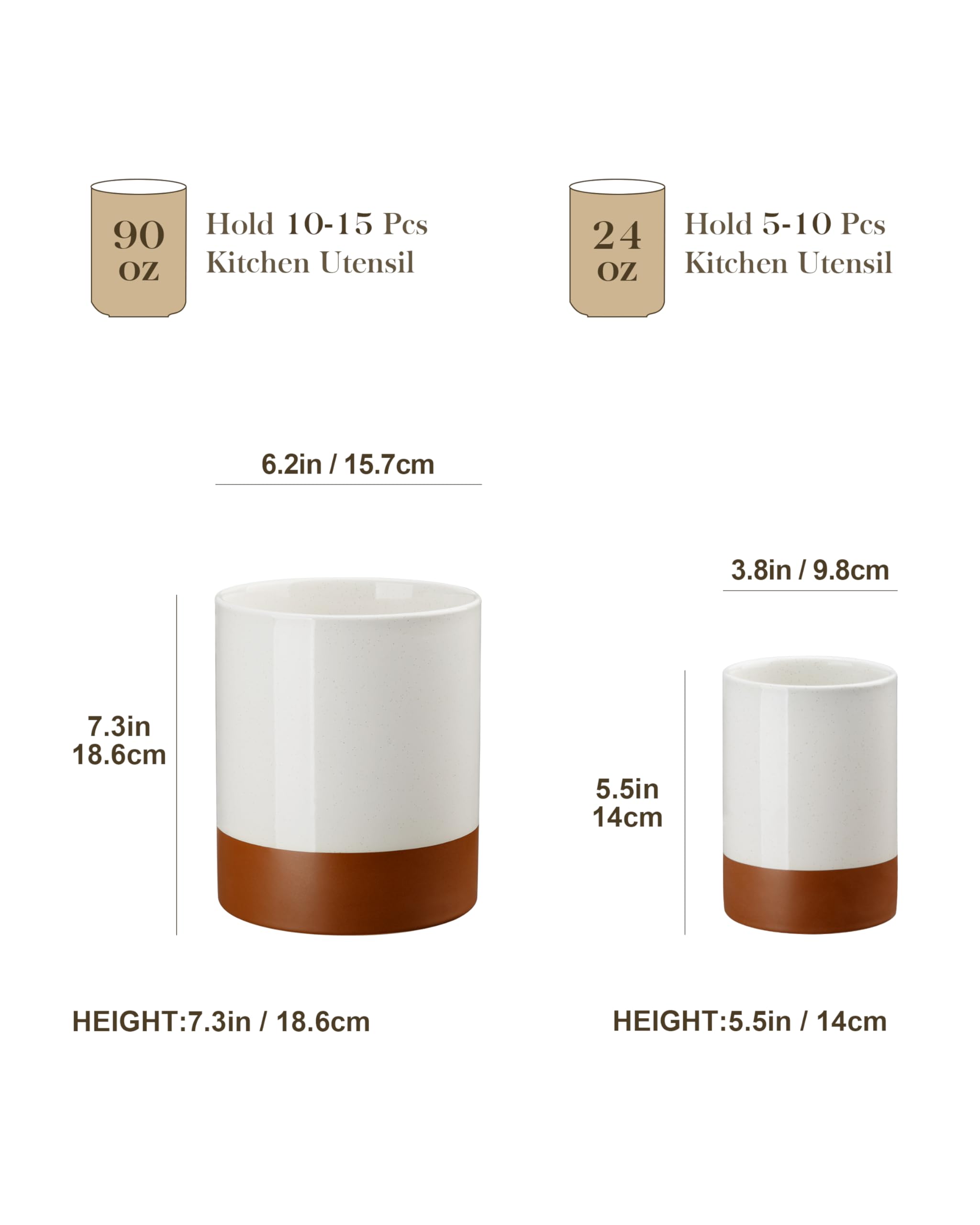 MALACASA Lot de 2 grands porte-ustensiles de cuisine en céramique pour comptoir, 18,5 cm + 14 cm, grands pots à ustensiles de cuisine pour comptoir de cuisine, organisateur d'ustensiles de ferme