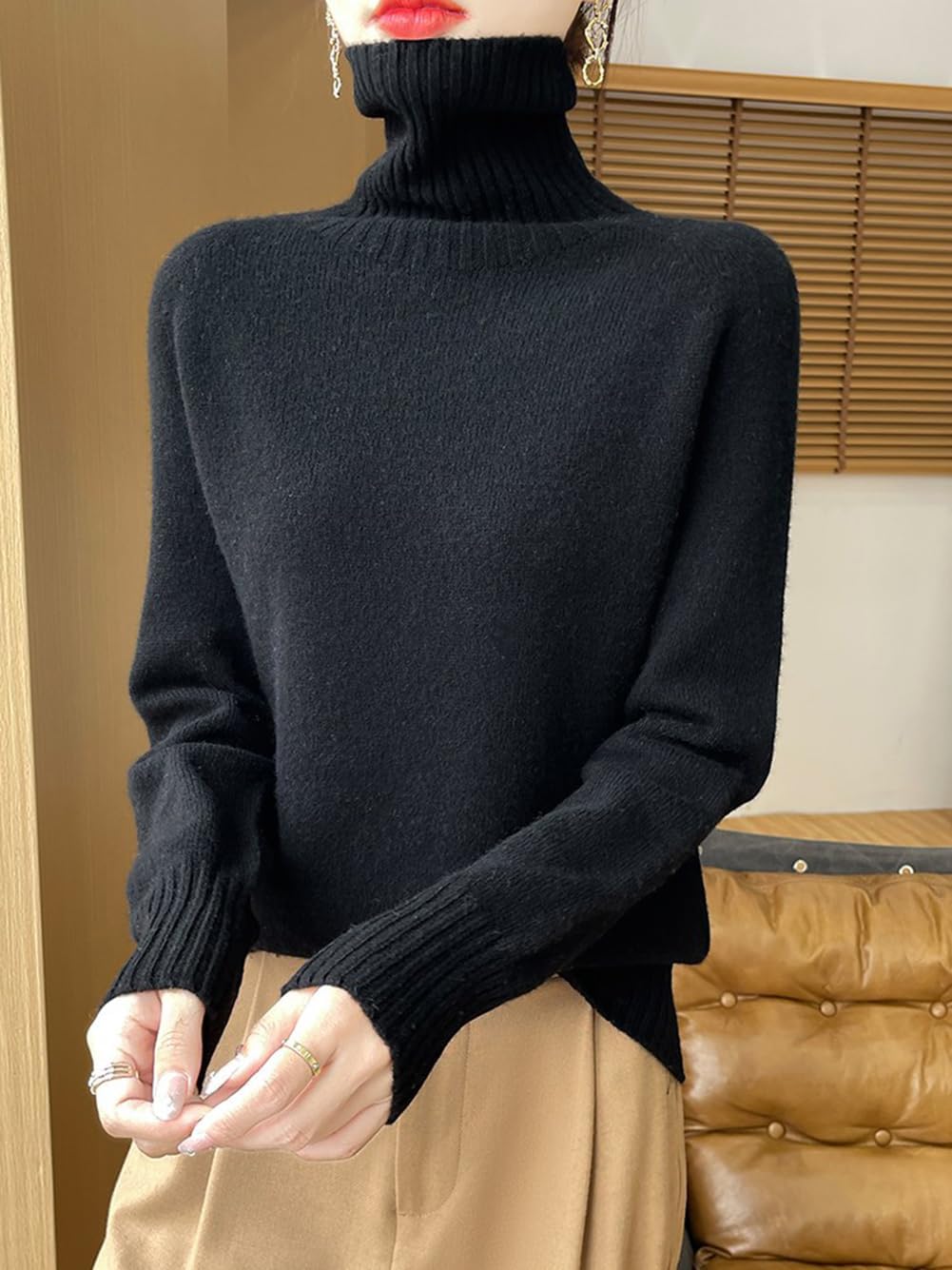 100% Merino Wool Sweaters for Women's Fall Winter Knitted Thick Pullover Long Sleeves Warm Turtleneck Simple(WQ708) - Image 3