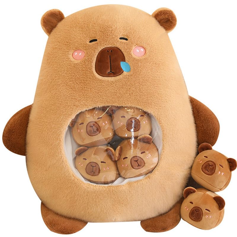 Kawaii Capybara Peluche avec 6 adorables bébés – Sac de peluches Capybara en peluche pour filles et garçons, marron