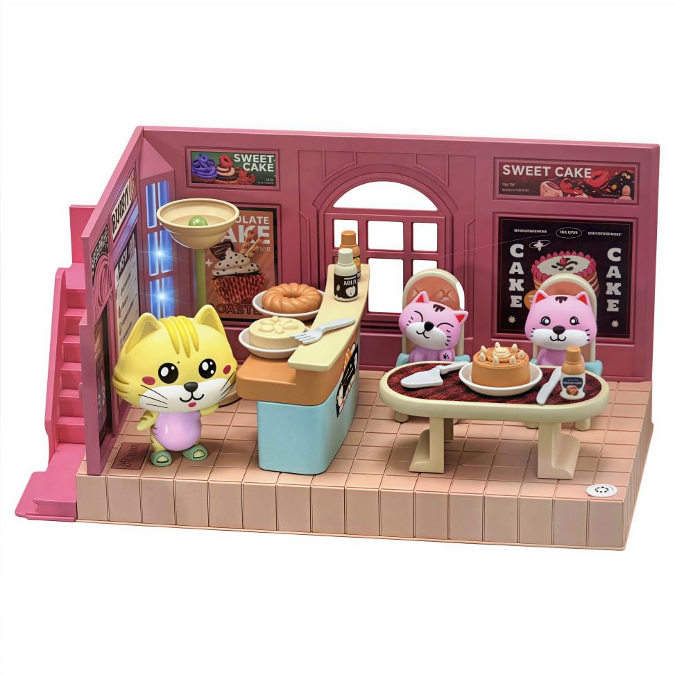 kvlidvo Koko's Cat Town DIY Miniature House Kit,Tiny Pink House Series–Cake Shop Building Kit,Dollhouse for 3 and up, Dollhouse Building Kit with Cats
