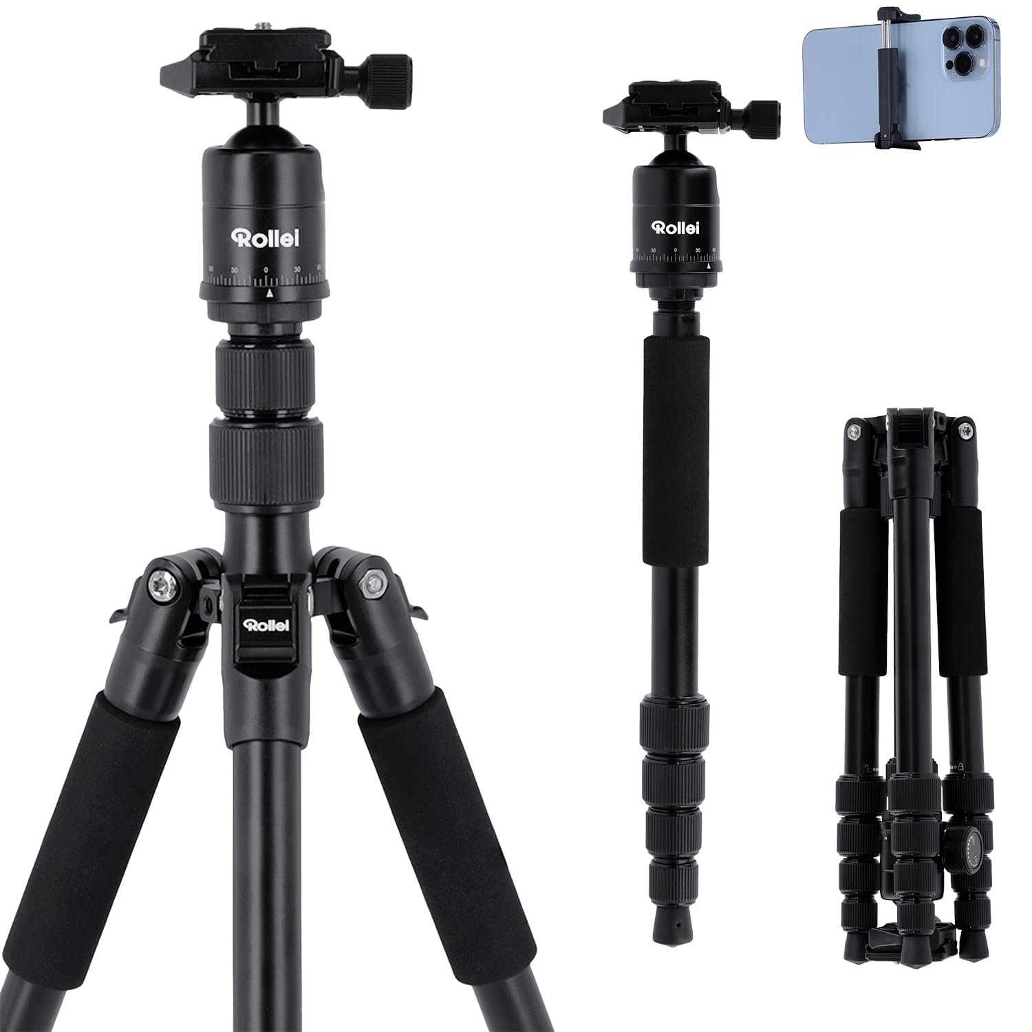 Rollei Compact Traveler No. 1 - Light travel tripod - Aluminium - Arca Swiss compatible - Incl. ball head and quick release plate - Black