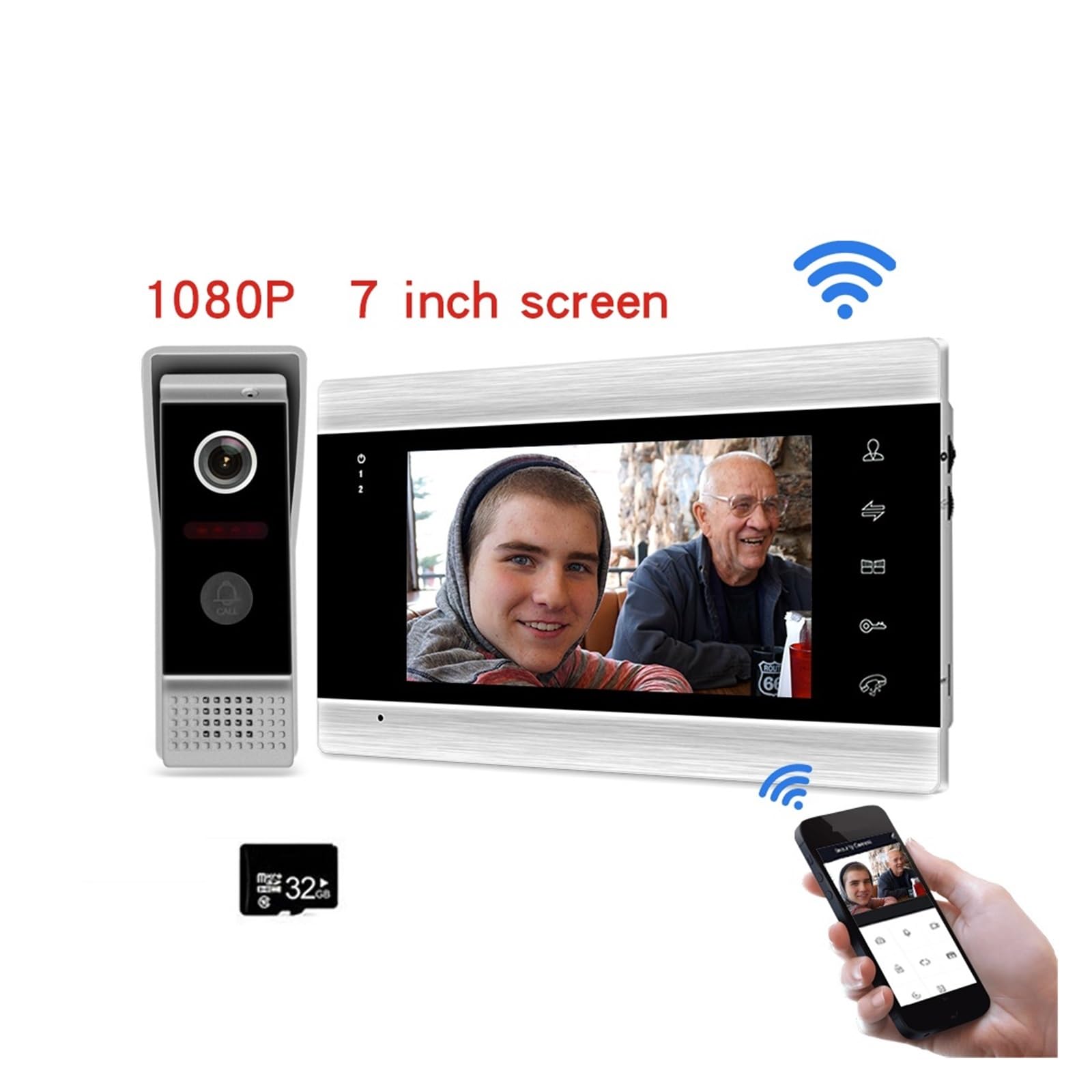Kit D'interphone Vidéo Domestique 1080p Filaire Sonnette Caméra WiFi avec Écran 7 "Moniteur Vidéo Porte Téléphone for Appartement Étanche(Size:W-86706-203-Add 32G TF Card-C)
