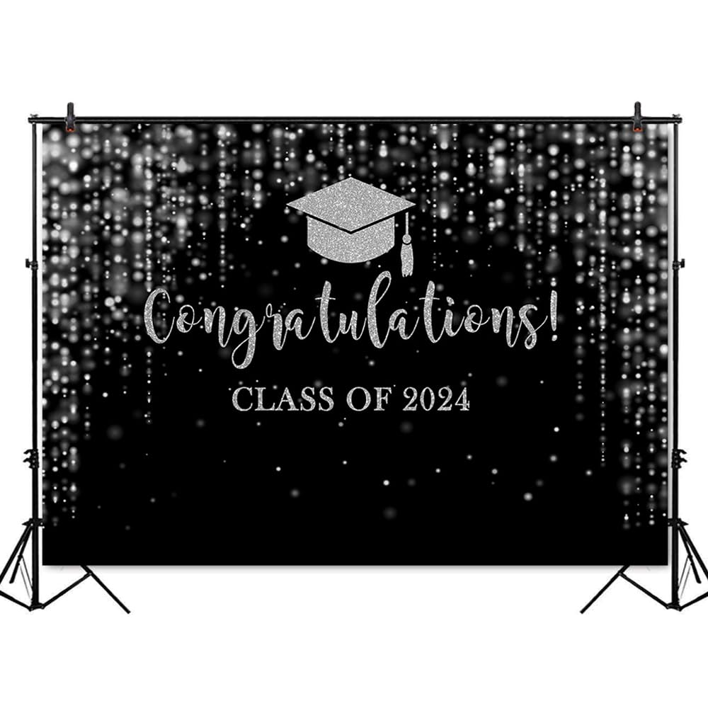 Mocsicka Class of 2024 Backdrop Black Silver Glitter Bokeh Graduation Party Background 2024 Congrats Grad Prom Party Cake Table Decoration Photo Booth Props (7x5ft)