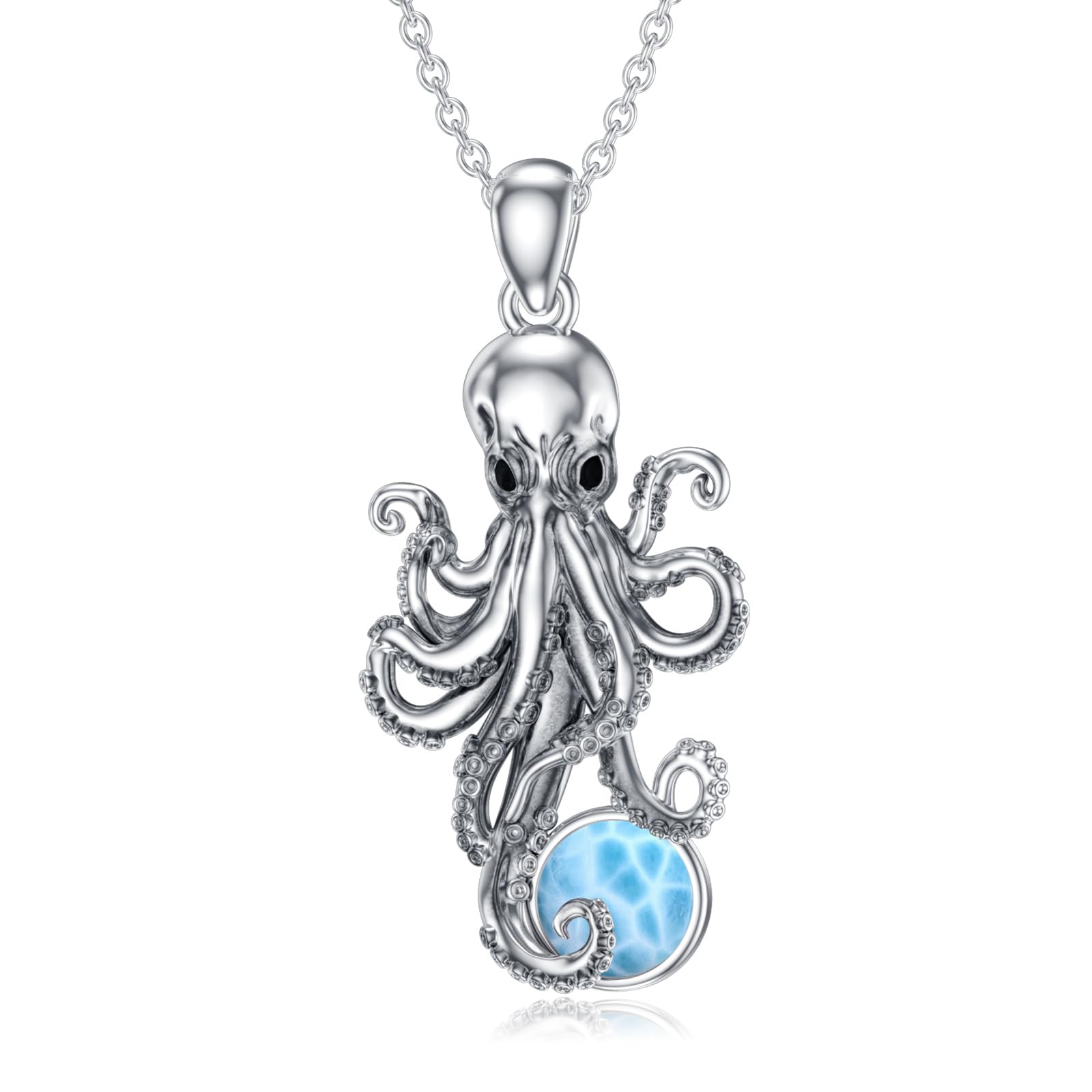 Oktopus-Halskette für Frauen 925 Sterling Silber Natürlicher Larimar Oktopus-Anhänger Halskette Meeres-Tier-Schmuck Geschenke für Mama und Ehefrau