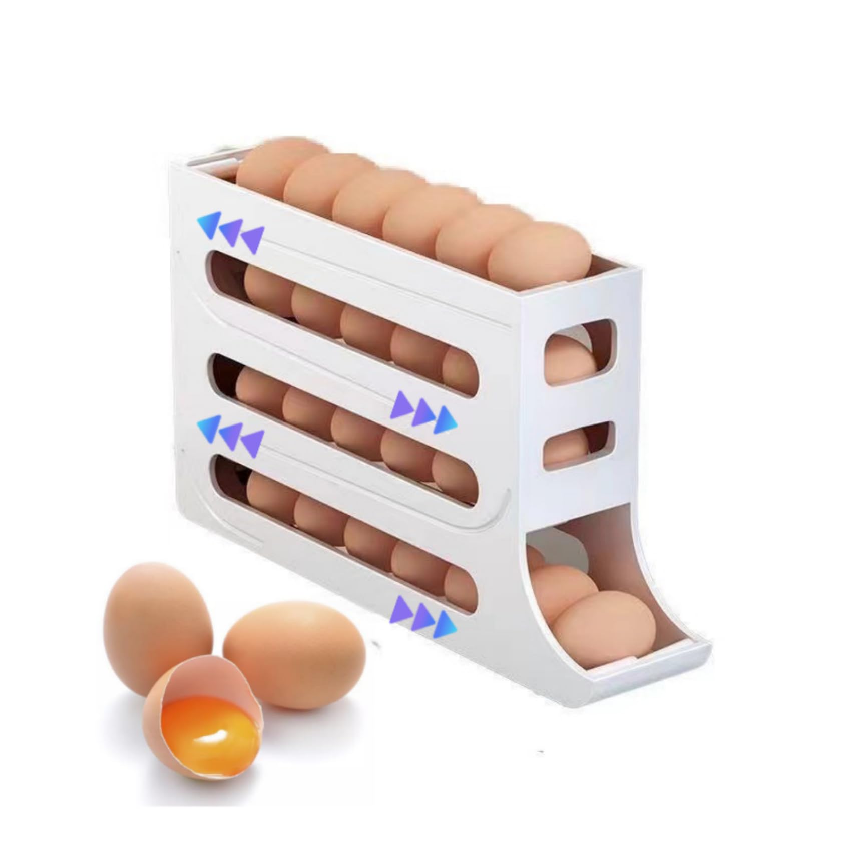 Soporte para 30 huevos para refrigerador, contenedor de huevos de 4 niveles, organizador de huevos con ruedas automáticas para refrigerador, soporte dispensador de huevos que ahorra espacio, estante