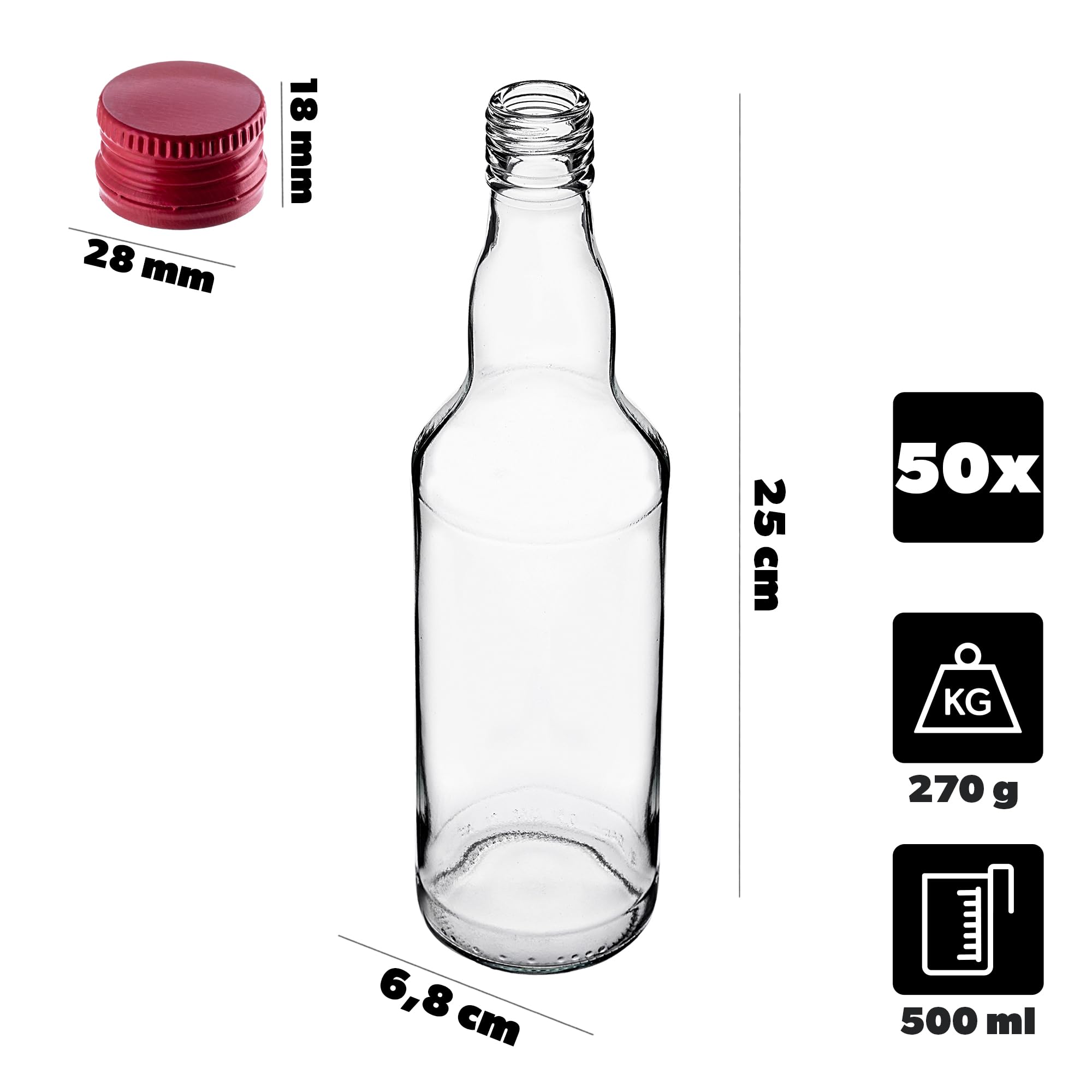 KADAX Set di 50 Bottiglie in Vetro 500ml con Tappo a Vite – Bottiglie vuote da riempire per succhi, sciroppo, Olio e liquore, conservazione Alimentare