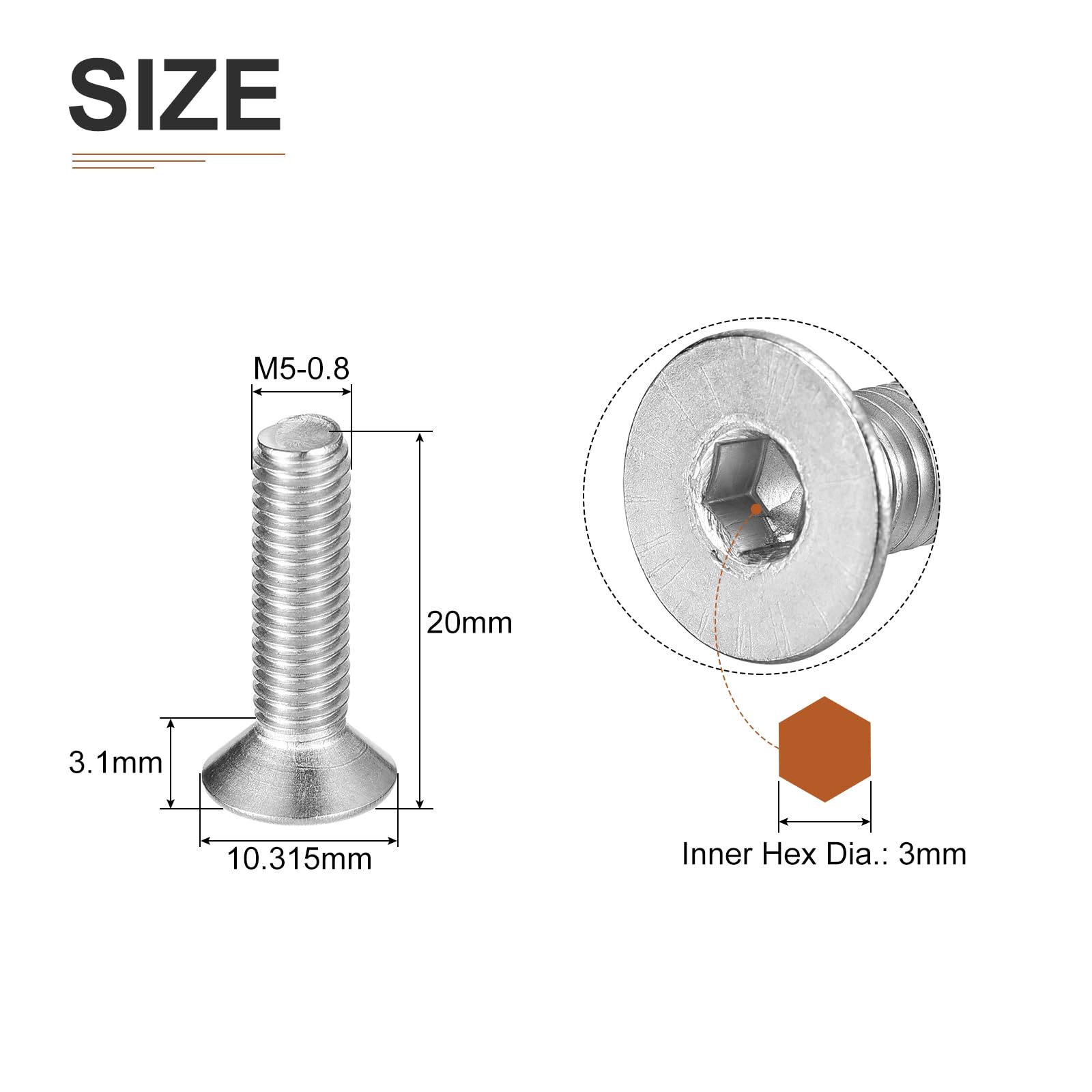 DTGN M5-0.8 x 20mm Flat Head Socket Cap Screws, 20 Pack 304 Stainless Steel Hex Socket Flat Head Screws, Full Thread, Countersunk Bolts - Image 2