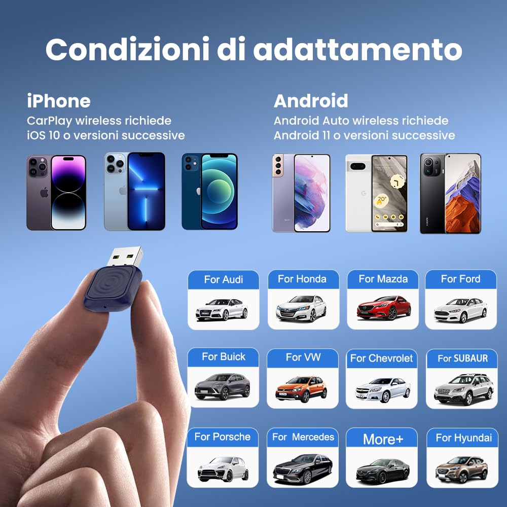 CarlinKit Adattatore auto wireless CarPlay e Android 2026, aggiorna la connessione cablata a wireless, Plug & Play con USB-A/Type-C, funziona con iPhone iOS 10+ e Android 11.0+