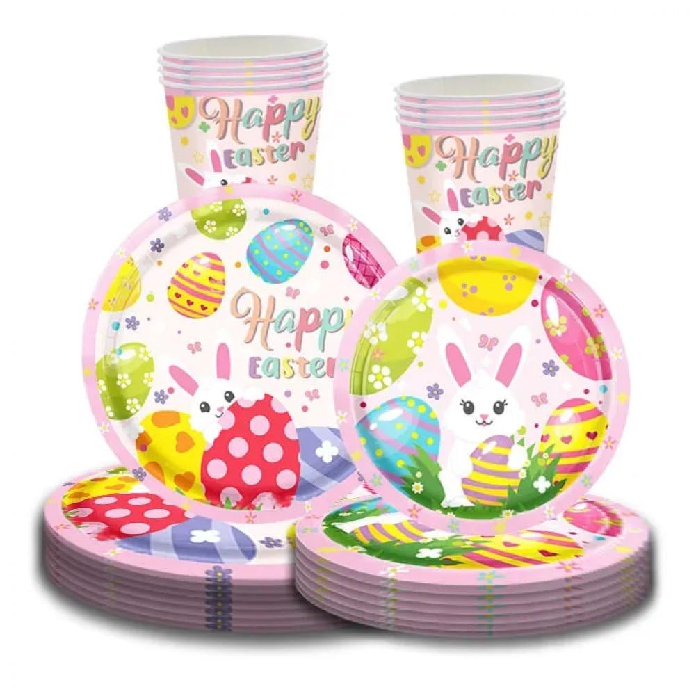 Platos de papel de Pascua con vasos y servilletas para una fiesta infantil de conejito Lpitoy