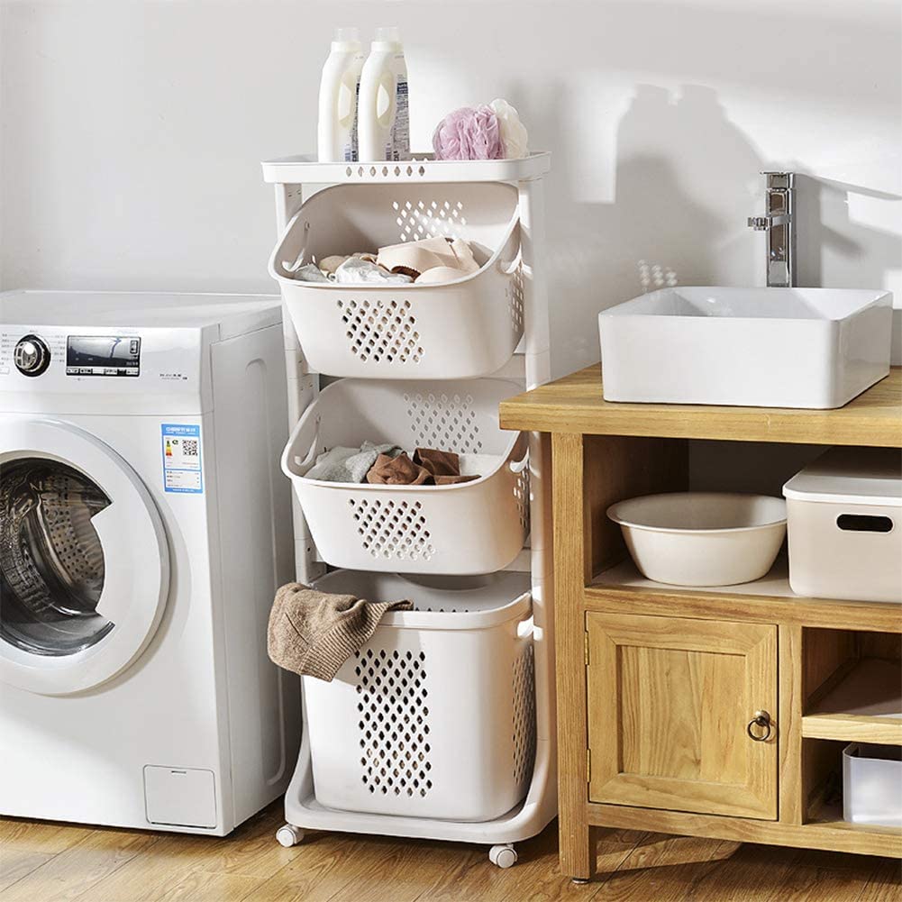Amazon.com: YINZINR 3 Layers PP Laundry Storage Basket, 3.98kg/8.77lbs  Organizer Shelf Rolling cart, Dirty Clothes, for Kitchen Bedroom Bathroom :  居家與廚房
