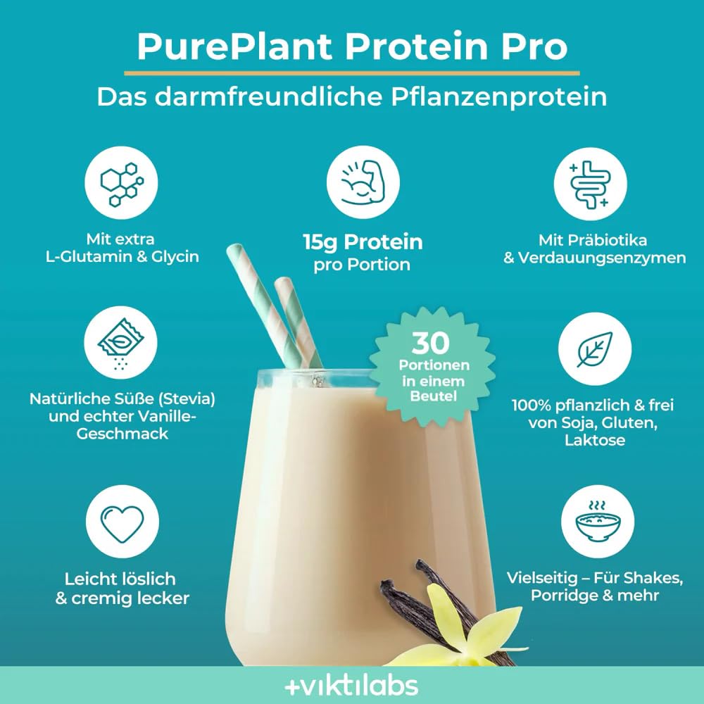 PurePlant Protein Pro - Vanille - vegan - pflanzliches Protein aus Reis & Erbsen - mit Enzymen, Probiotika & Ballaststoffen - 25 g pro Tag - 750 g