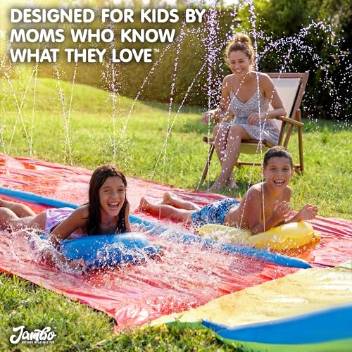 Image of JAMBO 32FT Extra Extra Long Slip Splash and Slide, 2 Bodyboards, Heavy Duty Water Slide with Inflatable Crash Pad, Double Lane Slip Slides, Outdoor Backyard Water Slides n Toys for Kids
