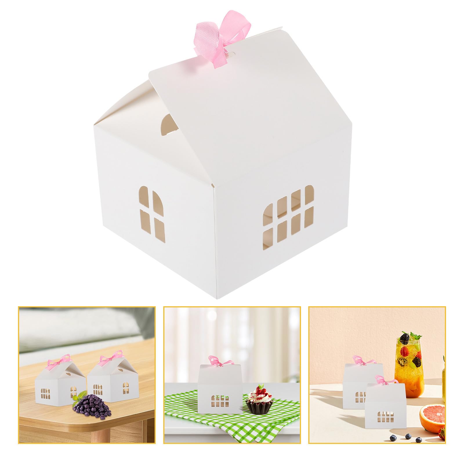 Toyvian 60 Pezzi Scatola di Carta Bianca a Forma di Casa per Caramelle e | Leggera e Pratica, Design Traforato, Nastro Incluso, per Festa di Compleanno e Party