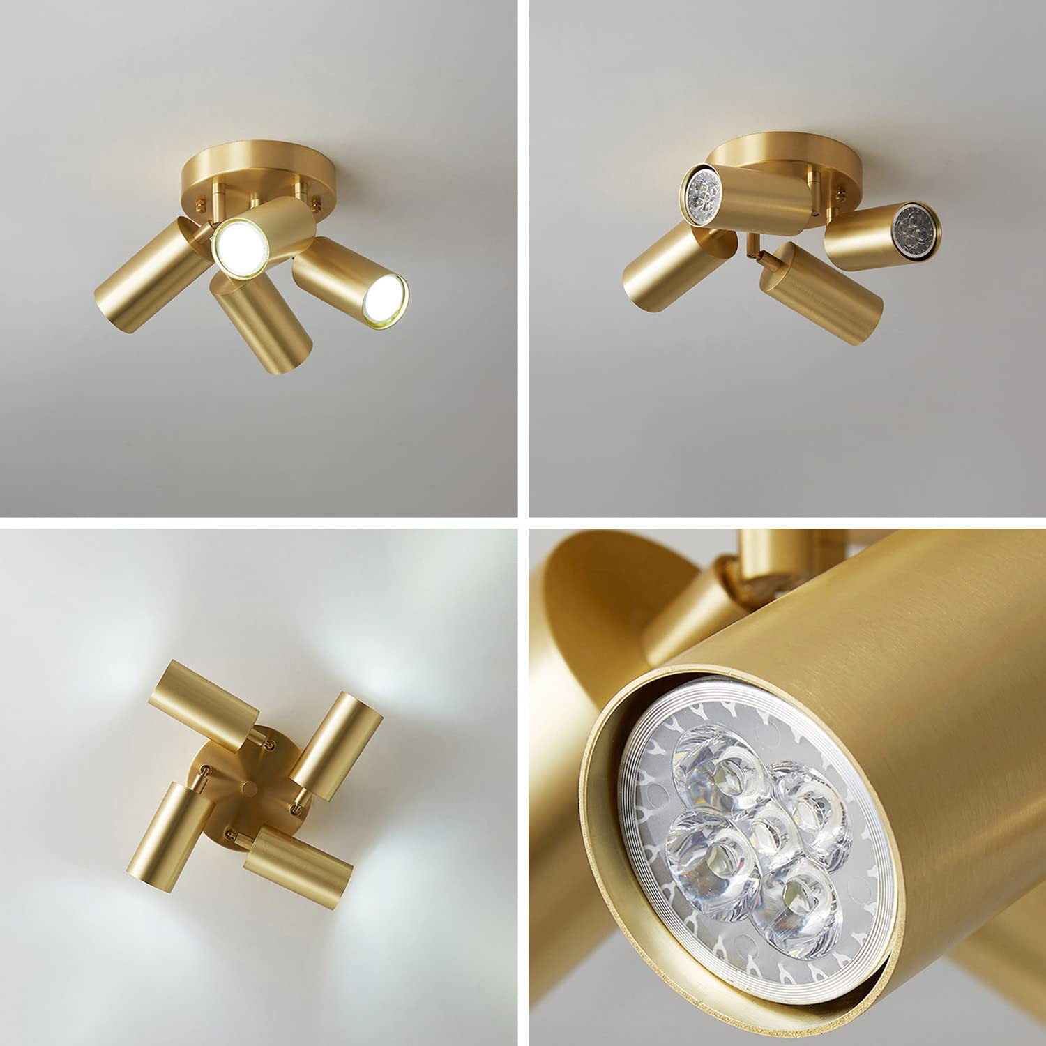 Kit d'éclairage sur Rail Fixe avec Spots encastrés en cuivre pour Plafond, éclairage d'accentuation intérieur réglable en Surface, Spots directionnels à Plaque Ronde rotative,4light