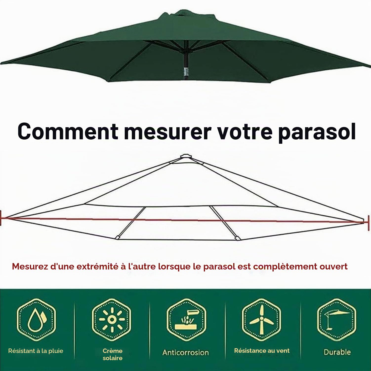 Housse de rechange parasol déporté, 3m, 6/8 baleines, protection UV, imperméable, pièces de rechange balcon, jardin, piscine, plage, gris, 8 Streben