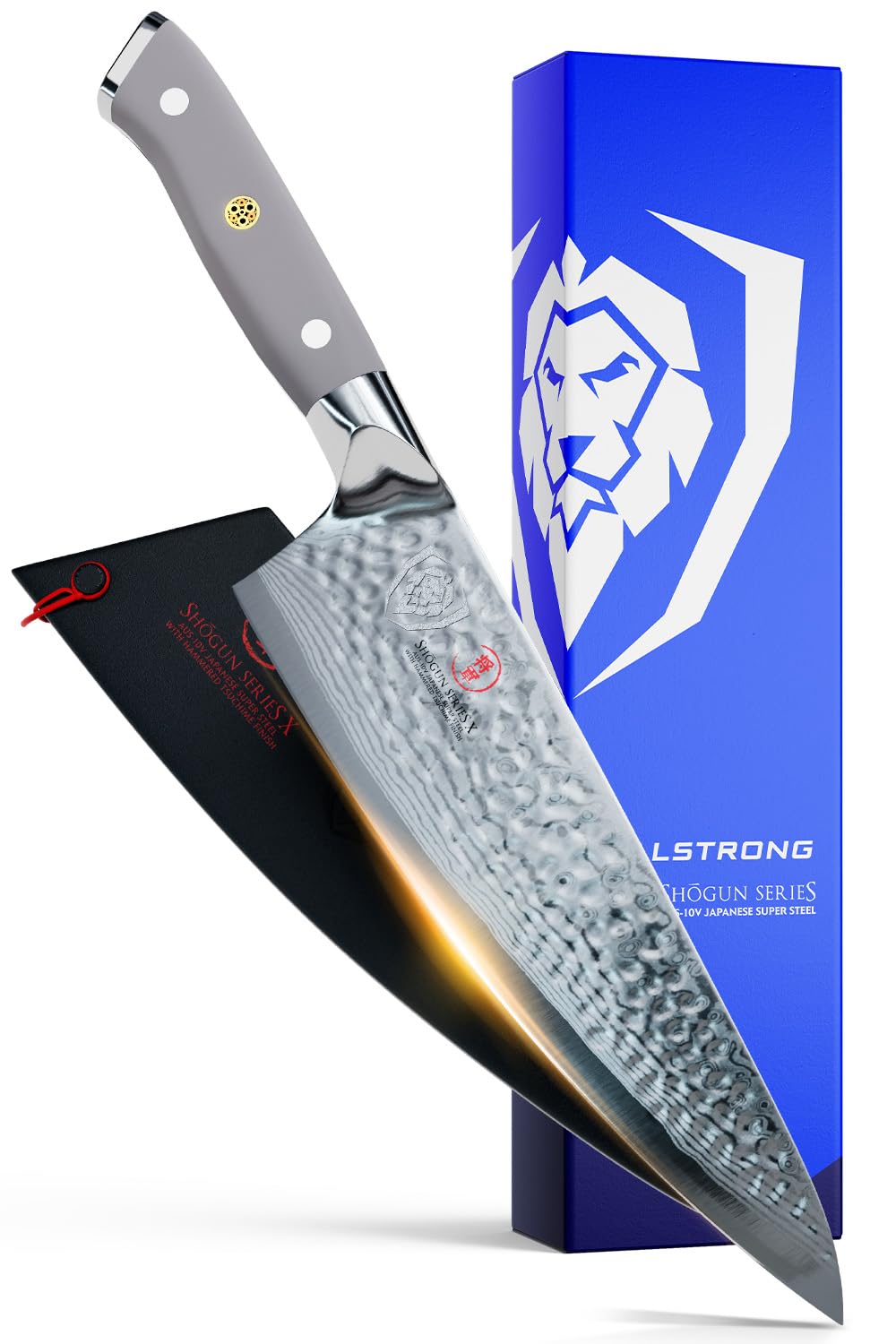 DALSTRONG Chef Knife - 8" - Shogun Series X - Damascus - Hammered Finish - Japanese AUS-10V Super Steel - Grey ABS Handle - w/Sheath