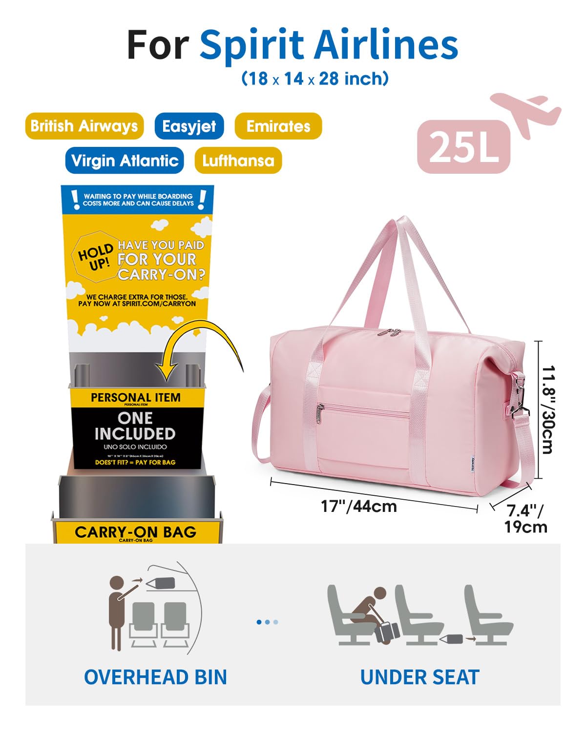 Narwey Travel Duffle Bags for Women, Weekender Sports Gym Tote Bags for Women, Personal Item Travel Bag Airplane, Overnight Hospital Shoulder Bag, Carry on Luggage with Trolley Sleeve (Pink) - 3