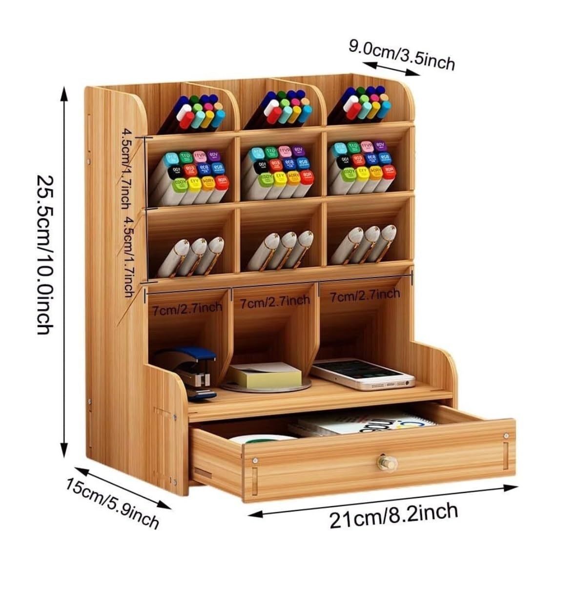 Organizzatore Scrivania Organizer da Scrivania in Legno con Cassetto Portapenne Multifunzionale Fai-da-Te per Ufficio(Natural,21 * 15 * 25.5cm)