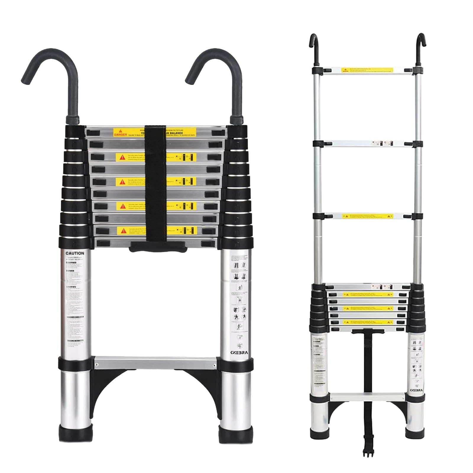 Telescoping Ladder, 12.5 FT Aluminum Lightweight Extension Ladder with 2 Stable Hooks, 2 Triangle Stabilizers & Non-Slip Feet, Heavy Duty 330 Lbs Max Capacity, Ideal for Home, RV & Outdoor Work