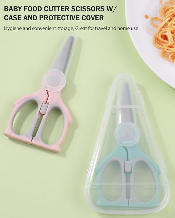 Baby Food Scissors Kicthen Shears,Portable Healthy Cute Kids Scissors Stainless Steel Scissors with Safety Lock and Storage Case - Ideal for Cutting Meat, Chicken, Vegetables, and Fruits (2Pack)