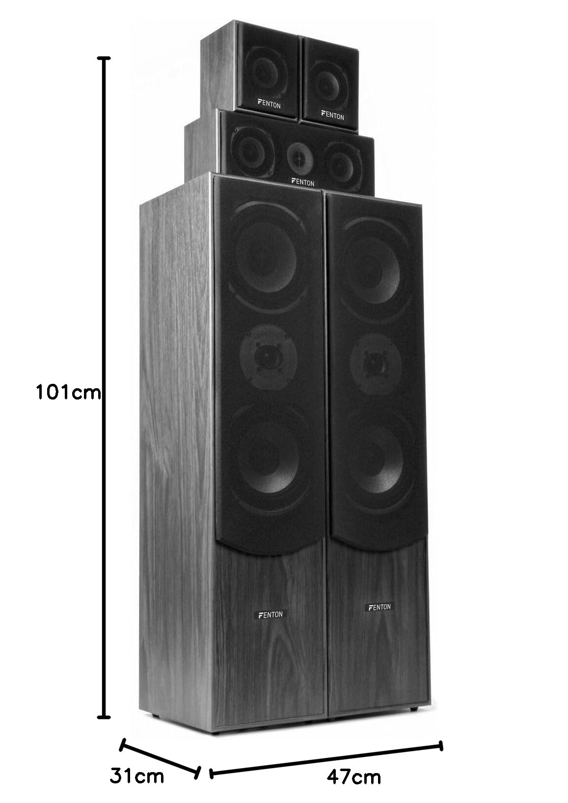 Fenton Sistema Cine en casa 5.1 con subwoofer Activo 200W, 5 Altavoces pasivos, diseño Madera, Sonido Envolvente, Soportes incluidos, Ideal para películas, Series y Juegos