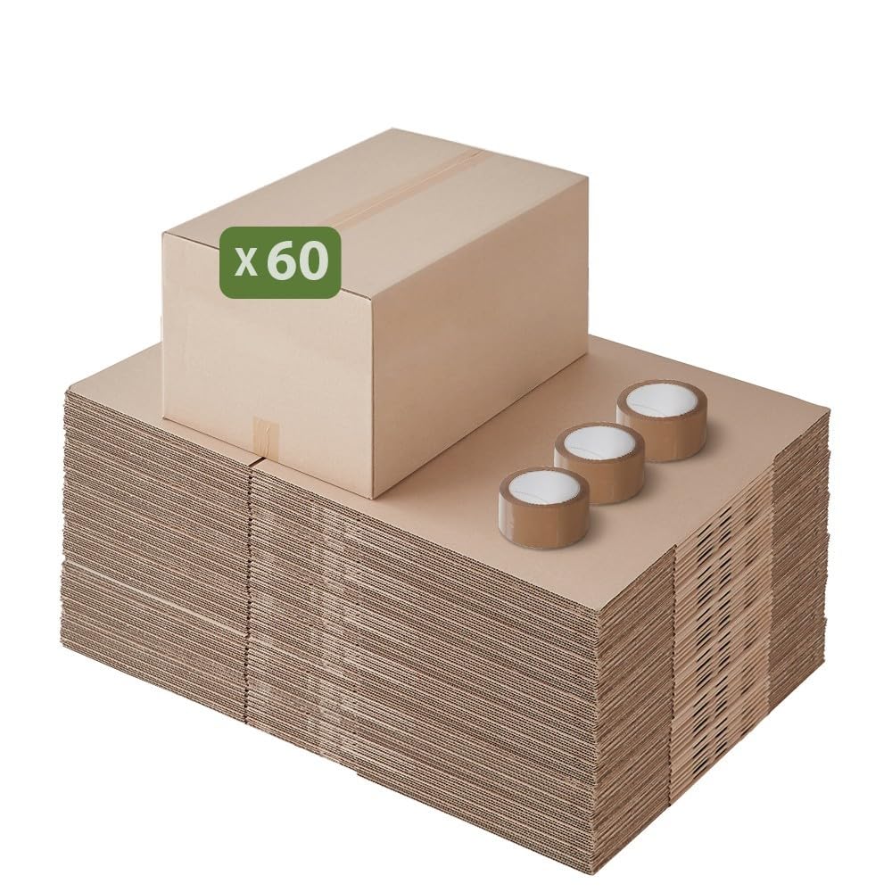 Pack and Move - Zestaw 60 kartonów do przeprowadzki drugie życie - 57 x 39 x 34 cm - Ponownie użyte kartony - Druga ręka - 1 klej w prezencie
