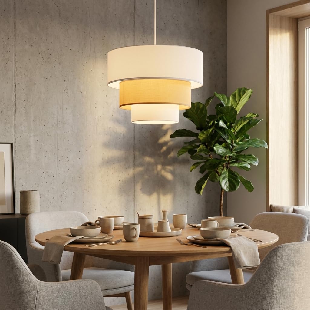 Alpinaluz Lámpara Colgante Textil Blanco y Beige de Tres Niveles Ø38 cm – Pantalla de Tela con Estructura de Acero, Casquillo E27, Iluminación Decorativa Moderna para Salón, Dormitorio, Comedor