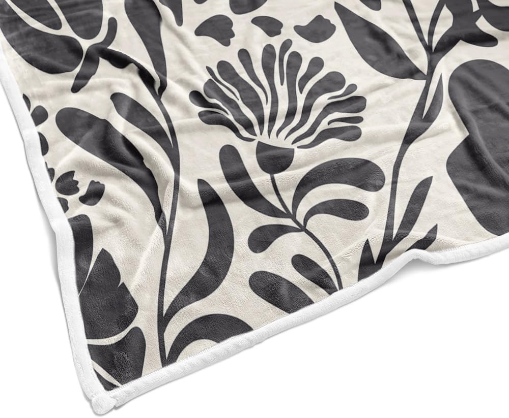 Black and White Retro Floral Blanket, Boho Mid Century Modern Abstract Floral Plants Aesthetic Throw Blanket, Terracotta Cute Cozy Soft Flannel Baby Throw and Blankets Couch Sofa Bed Decor 50"X60"in - Image 5