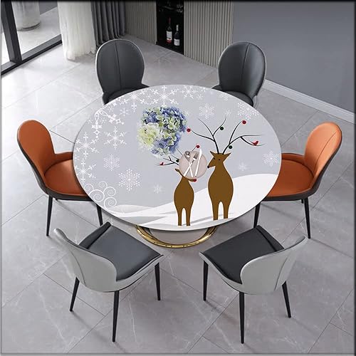 Miniatura 2 de JUNTAIY Tablecloths for Round Tables, Christmas Elastic Edged Table Cover, Reindeers at Noel Time Yule with Snowflakes in Winter, Fits Round Table