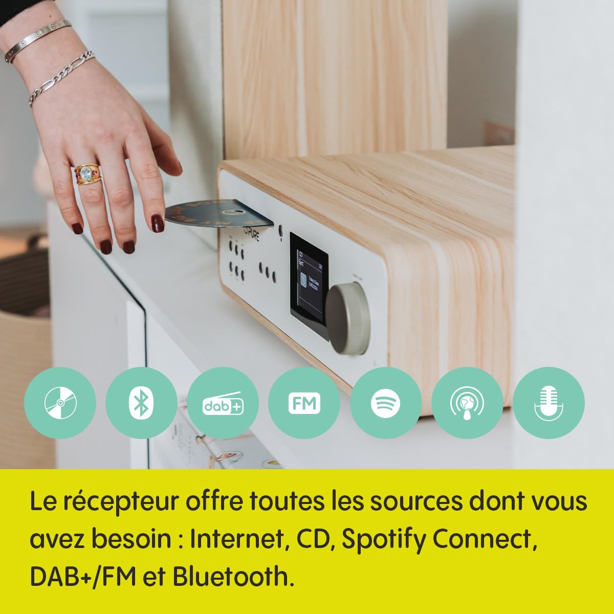 Pure Système de musique stéréo HiFi classique (son 100 W, radio Internet, DAB+/FM, Bluetooth, lecteur CD, USB et Spotify Connect), blanc coton/chêne (blanc coton)