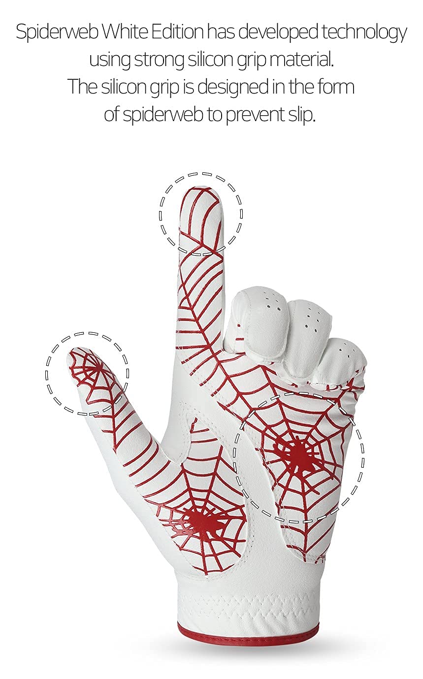 GOuft Spiderweb Golf Glove White Edition -RED : Durable Suede: All Weather Golf Glove, Good Grip, Feel Soft/Comfort, and Long Lasting: Washable Glove (22)