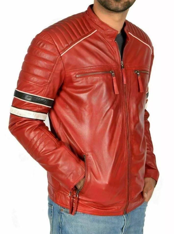 Men's Genuine Red Lambskin Real Leather Slim Fit Biker Motorcycle Jacket2