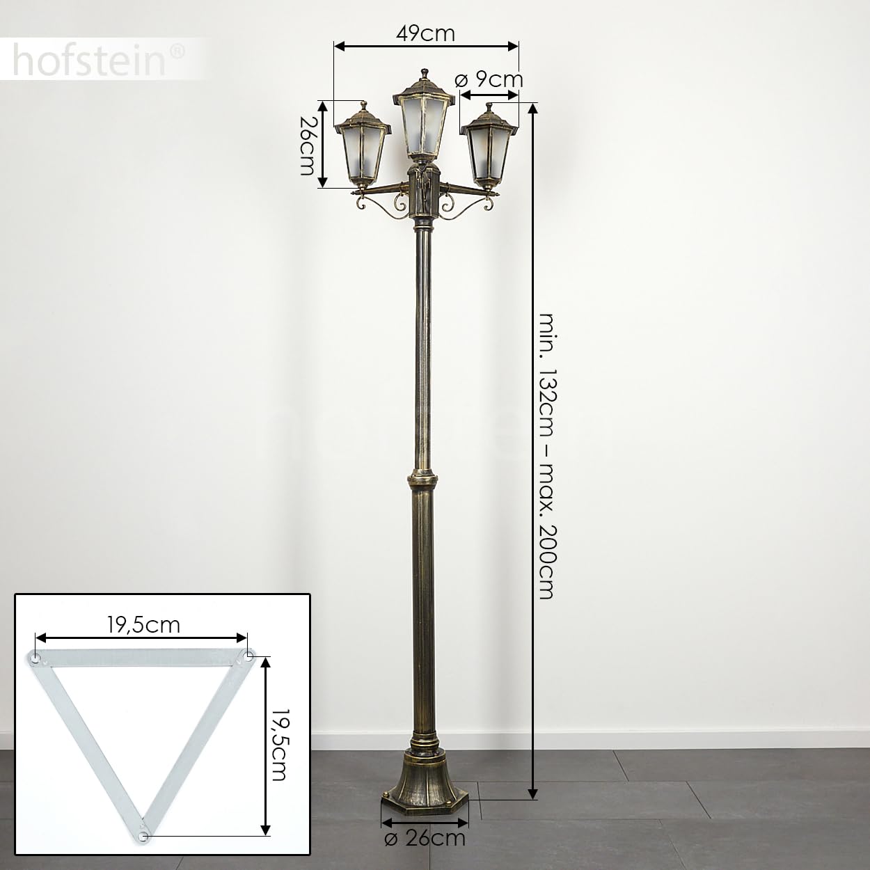Lampe d'allée extérieure Loria, lampe d'allée en métal/verre en couleur or-brun/blanc, candélabre à 3 flammes en look antique, hauteur max. 200 cm, éclairage de jardin IP44, 3 x E27, sans ampoules