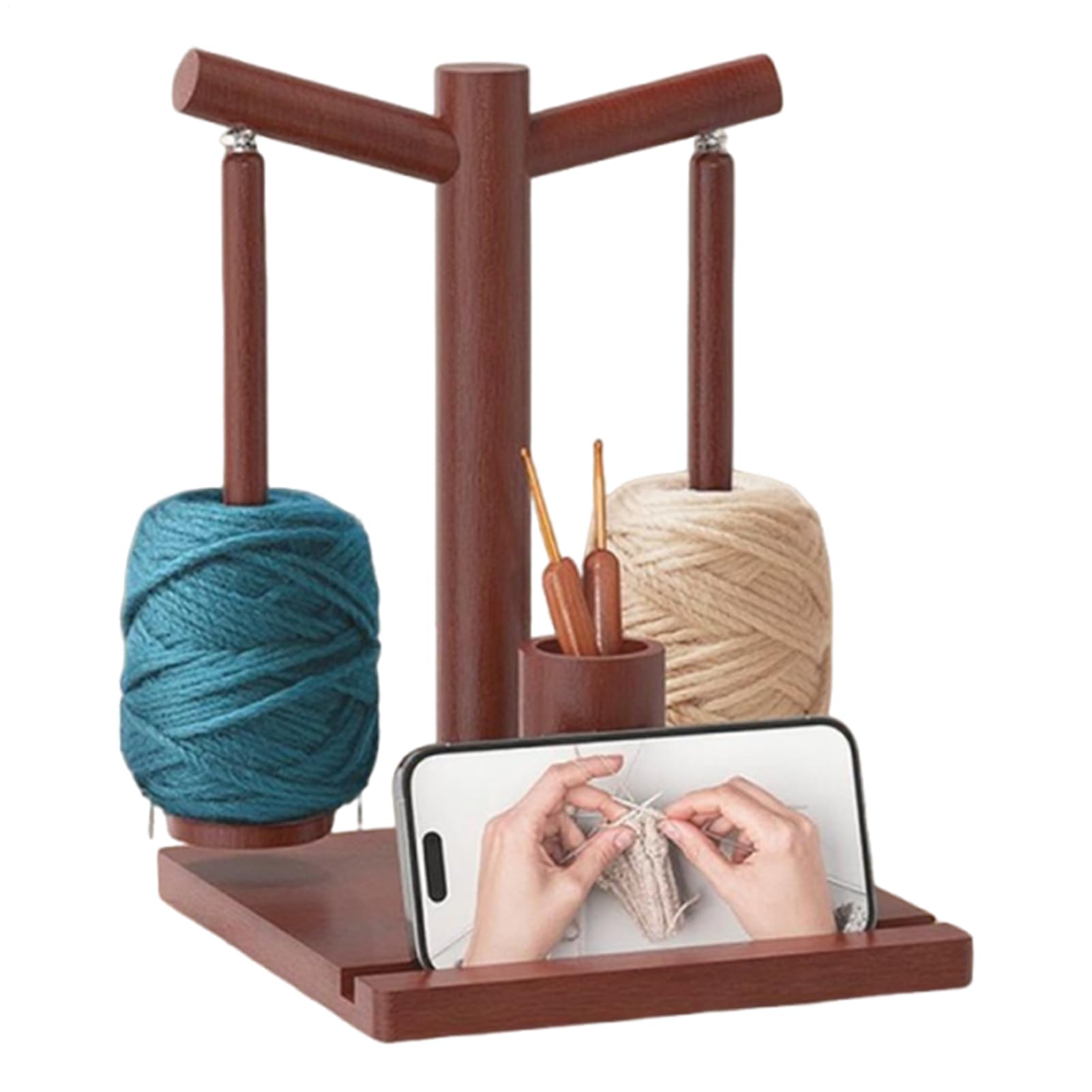 – Yarn Spinner for Crocheting - Magnetic Rotating Wooden Knitting Spinner,Wooden Yarn Ball Holder with Phone Stand and 2 Spindles,for Knitter Crocheter Women Sewing Craft Room