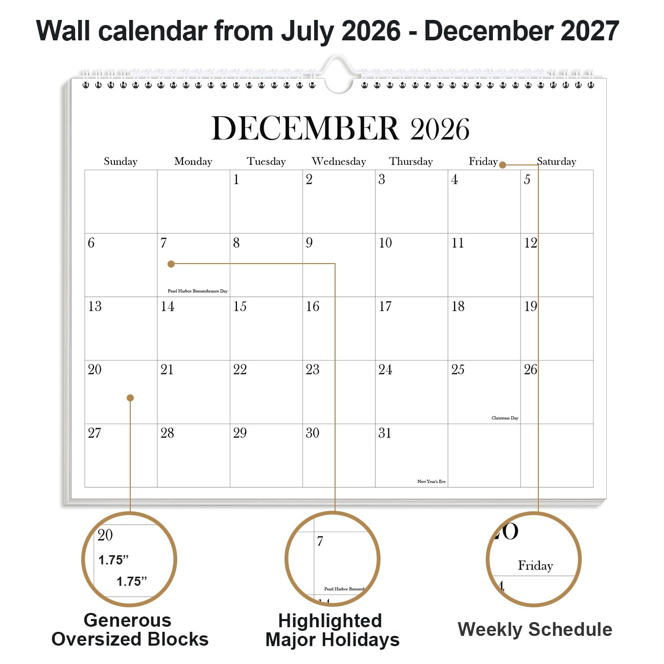 Kalender 2025-2026 - Wandkalender von November 2025 bis Juni 2027, 2026 Wandbehang Kalender Planer mit dickem Papier, 30,5 x 36,8 cm, Schwarz