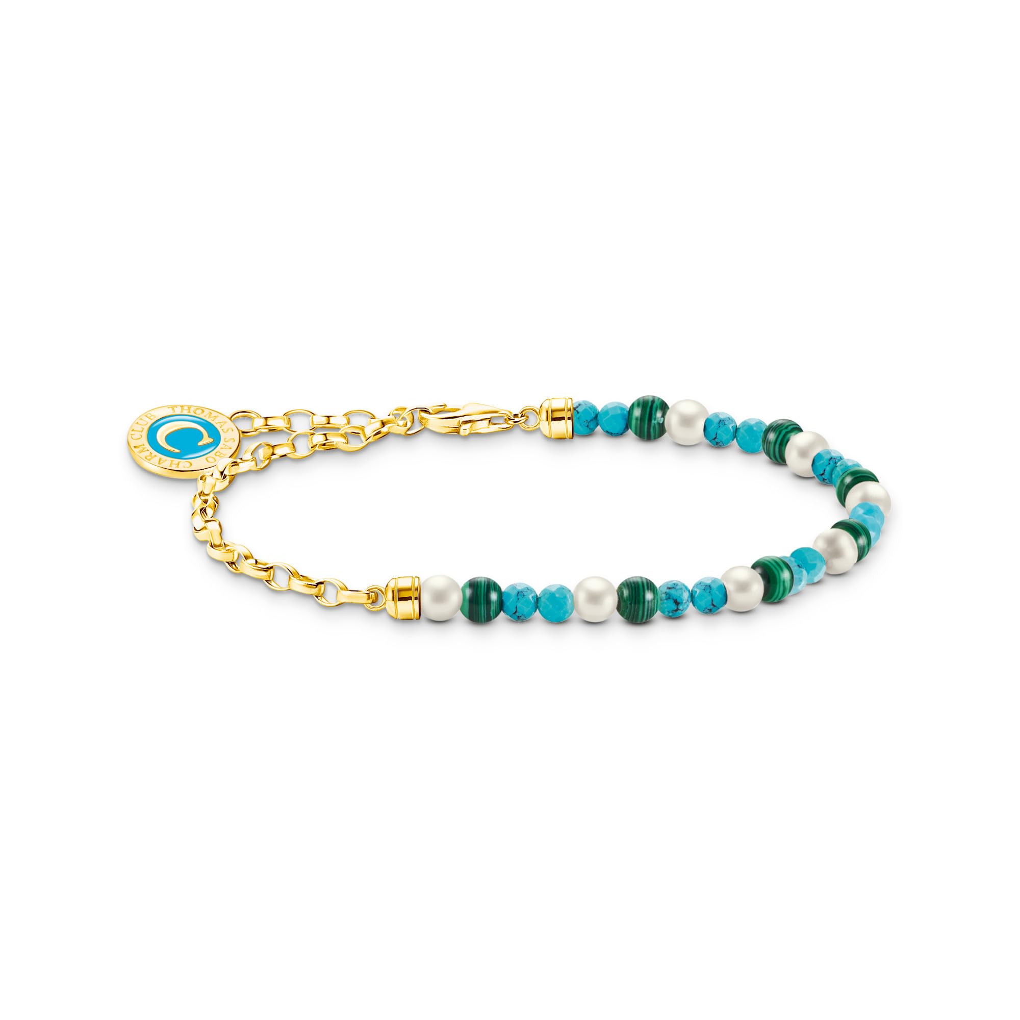 THOMAS SABO Member Charm-Armband mit weißen Perlen, Malachit und Charmista Coin vergoldet 750 Gelbgold Vergoldung, 925 Sterlingsilber, Kaltemail